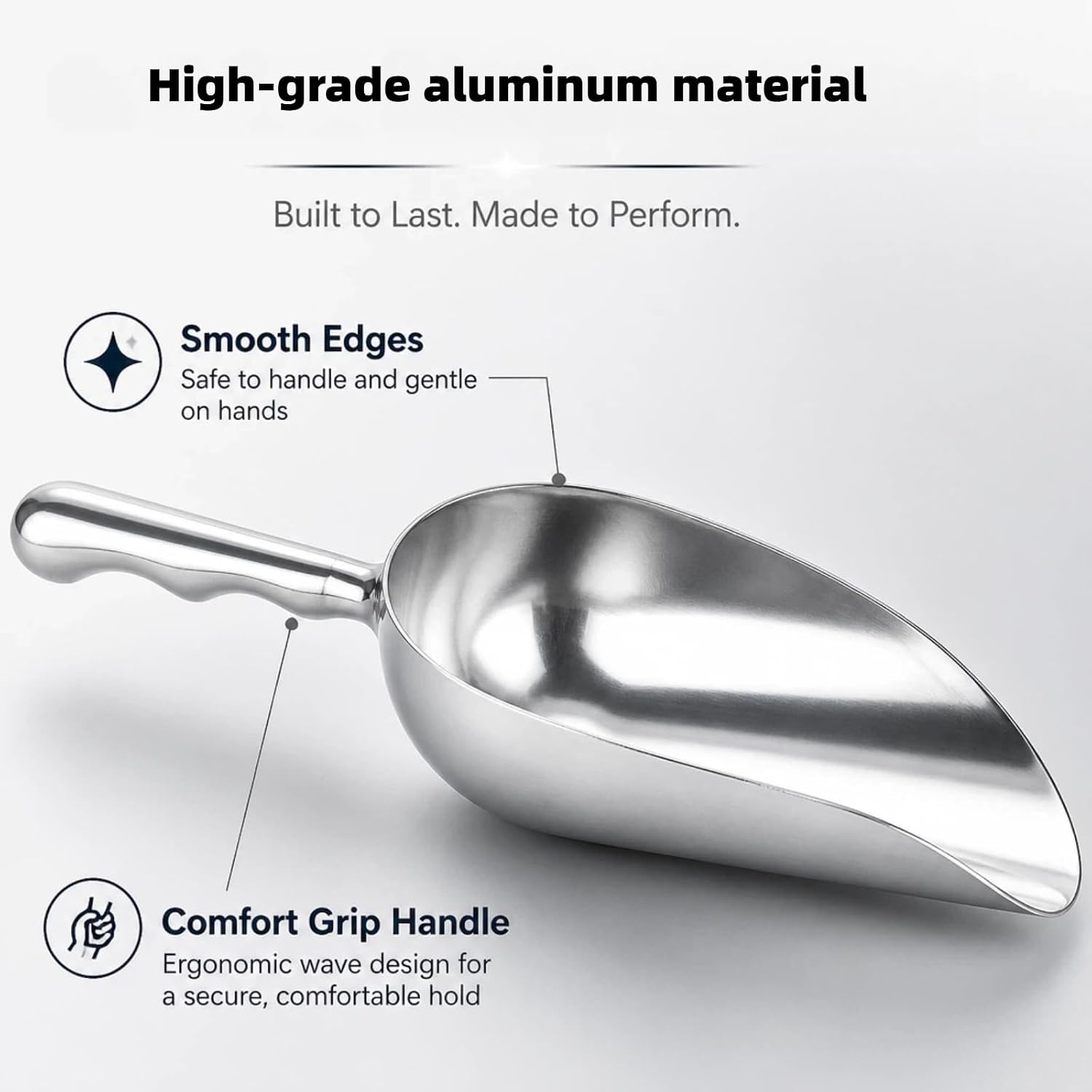 12oz Cast Aluminum Ice Cube Endurance Scoop, Kitchen Utility Scoops With Finger Groove Handle, Ideal for Ice Cube, Coffee, Bean, Food, Candy, Flour, Popcorn Rust Free - Silver