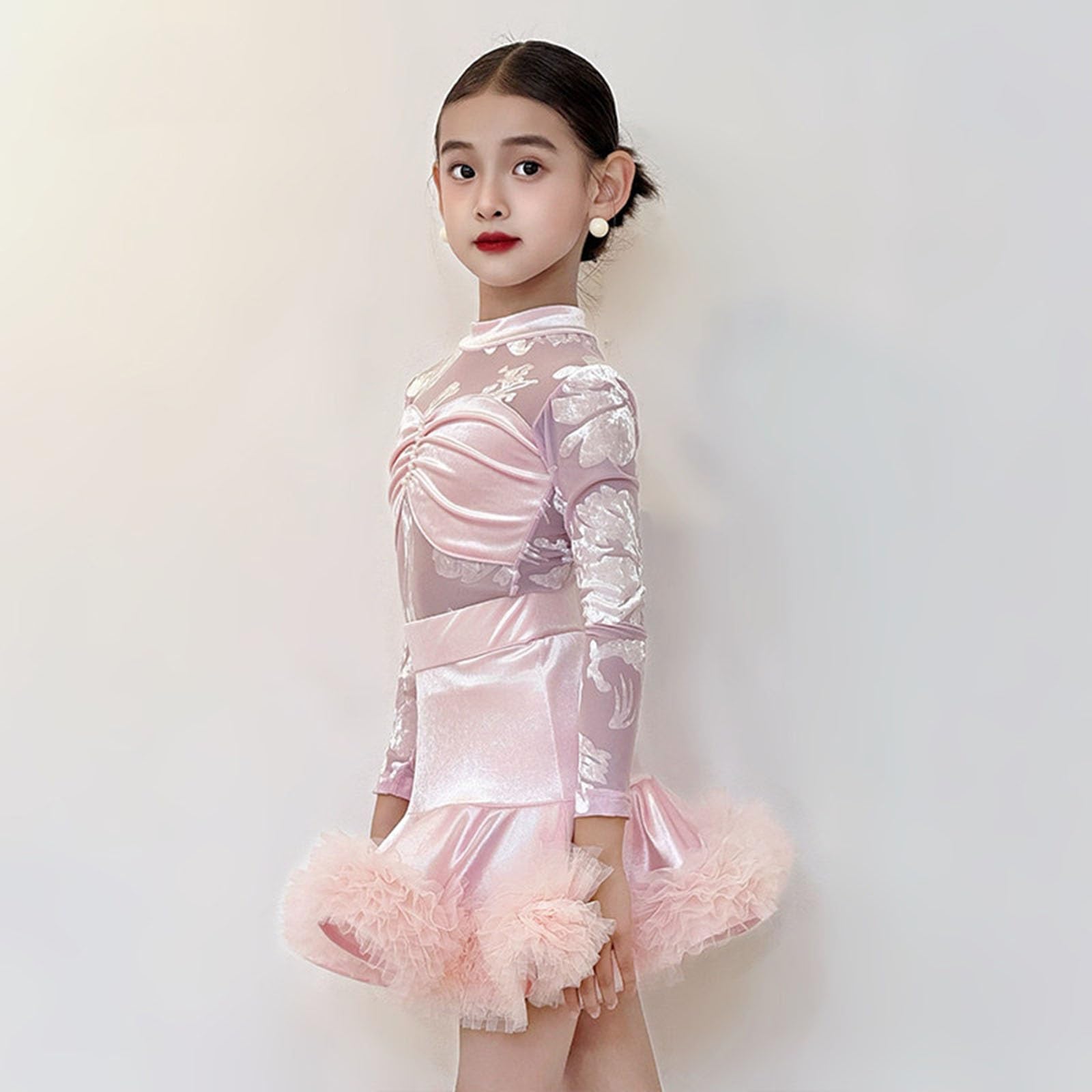 Vestido De Baile Latino De Manga Larga For Niña Leotardo Con Falda De Tul