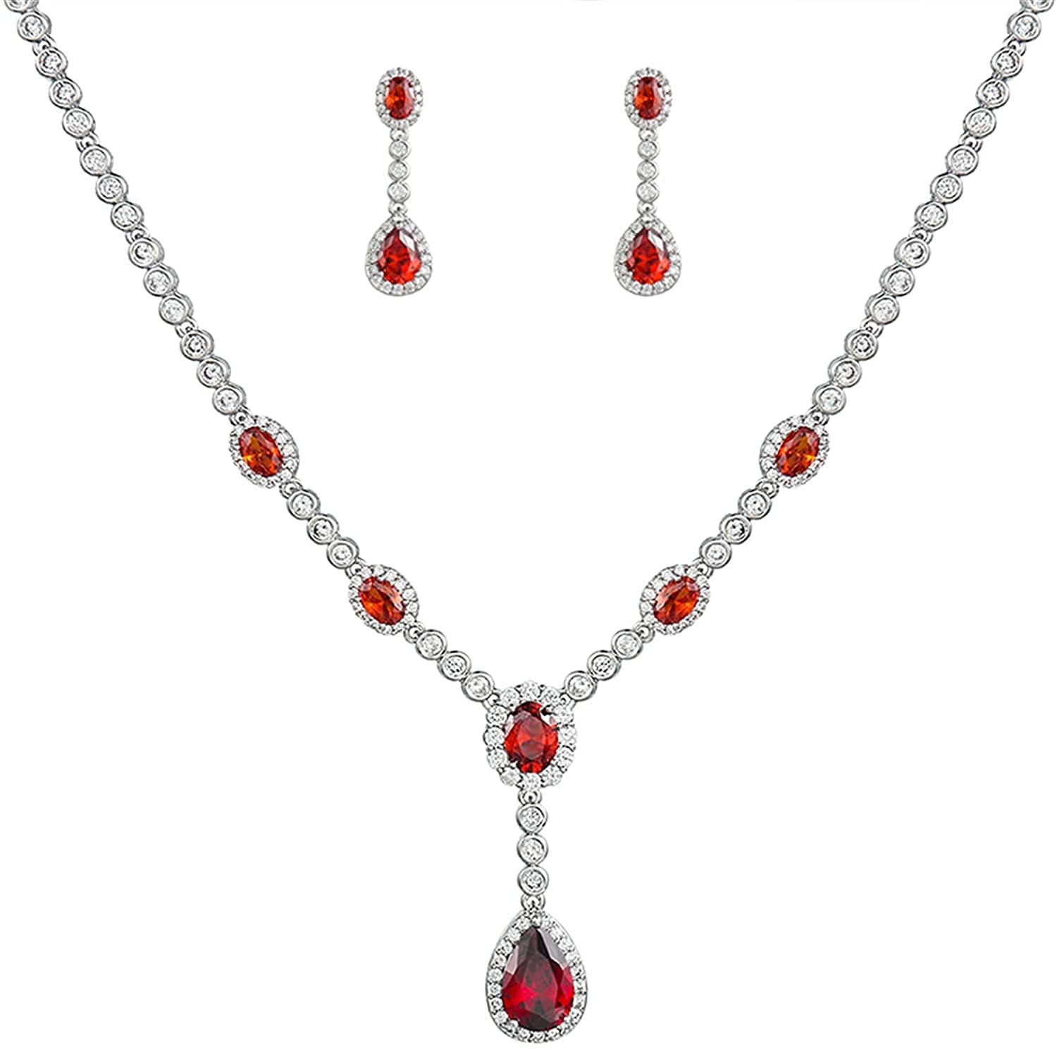 ZEDAROJewelry Elegant Blue/Red/Clear Halo Teardrop Cubic Zirconia Necklace And Earring Bridal Jewelry Set