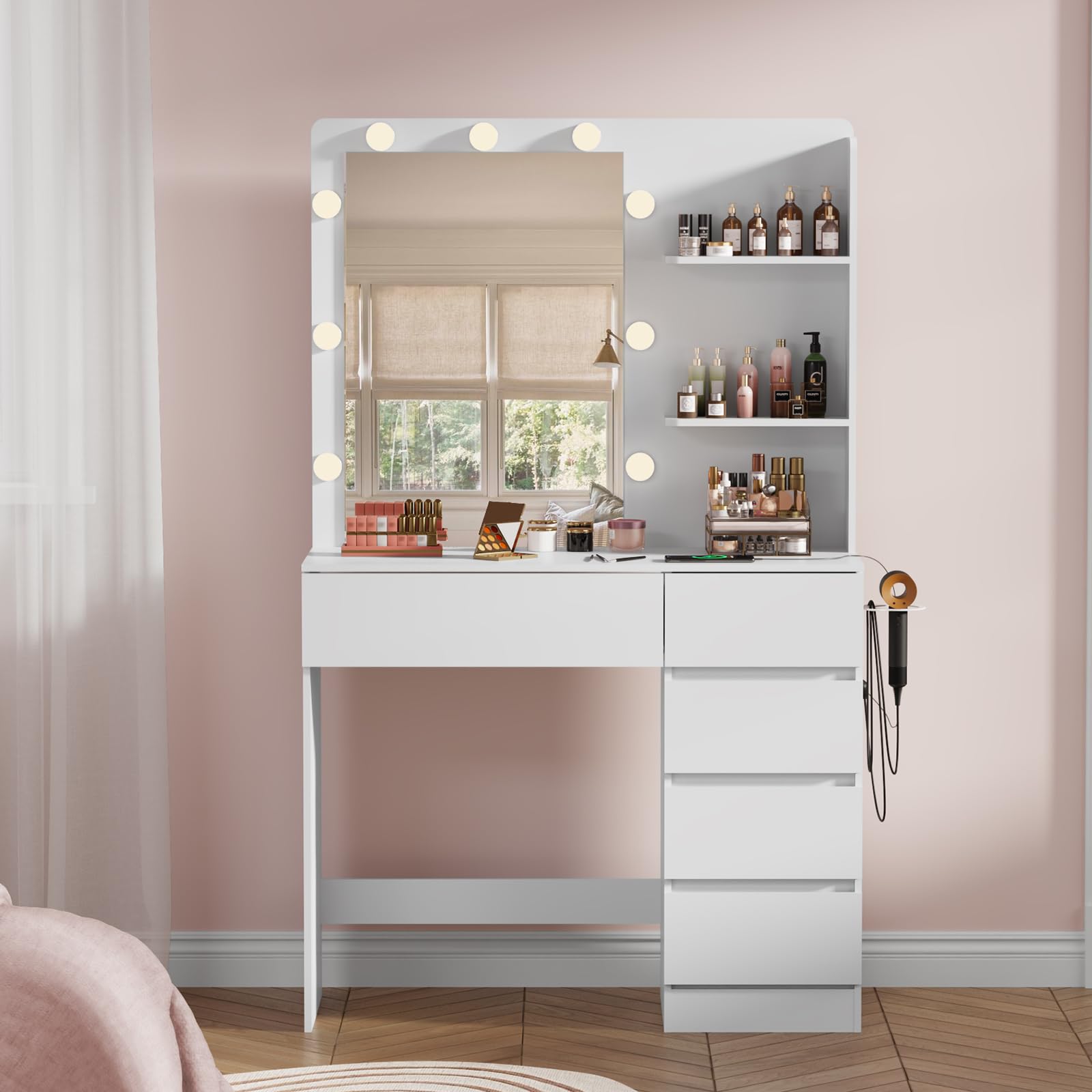 Asgolion Schminktisch mit Spiegel, LED-Beleuchtung und Steckdose, 5 Schubladen und 2 offenen Ablagen, 3 Farbmodi und Einstellbarer Helligkeit, weiß, EU25VT803W