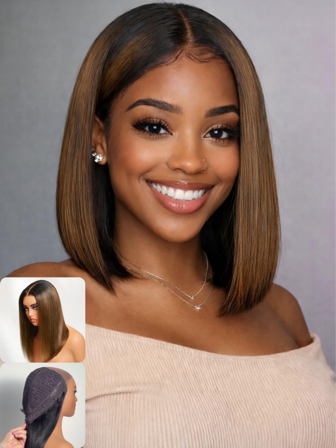 Nadula Chestnut Brown Ombre Yaki Straight Bob Drawstring Wig Human Hair No Slip Pre Cut Glueless 7x5 Bye