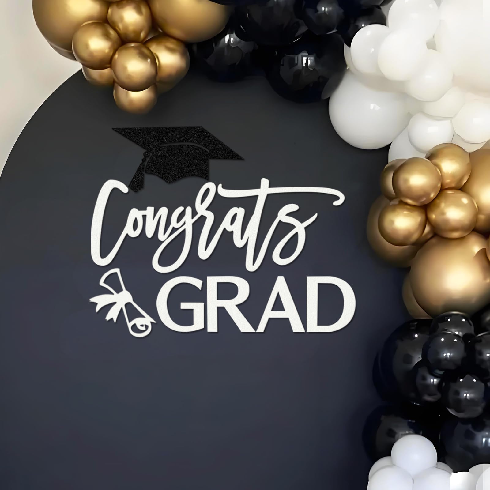 Photo 1 of ** BENT **MASTRON Congrats GRAD Sign for Backdrop - Felt Congrats Grad with Graduation Cap & Diploma Decal Sign for 2026 Grad Party Balloon Arch Backdrop Decorations Photo Props (White)