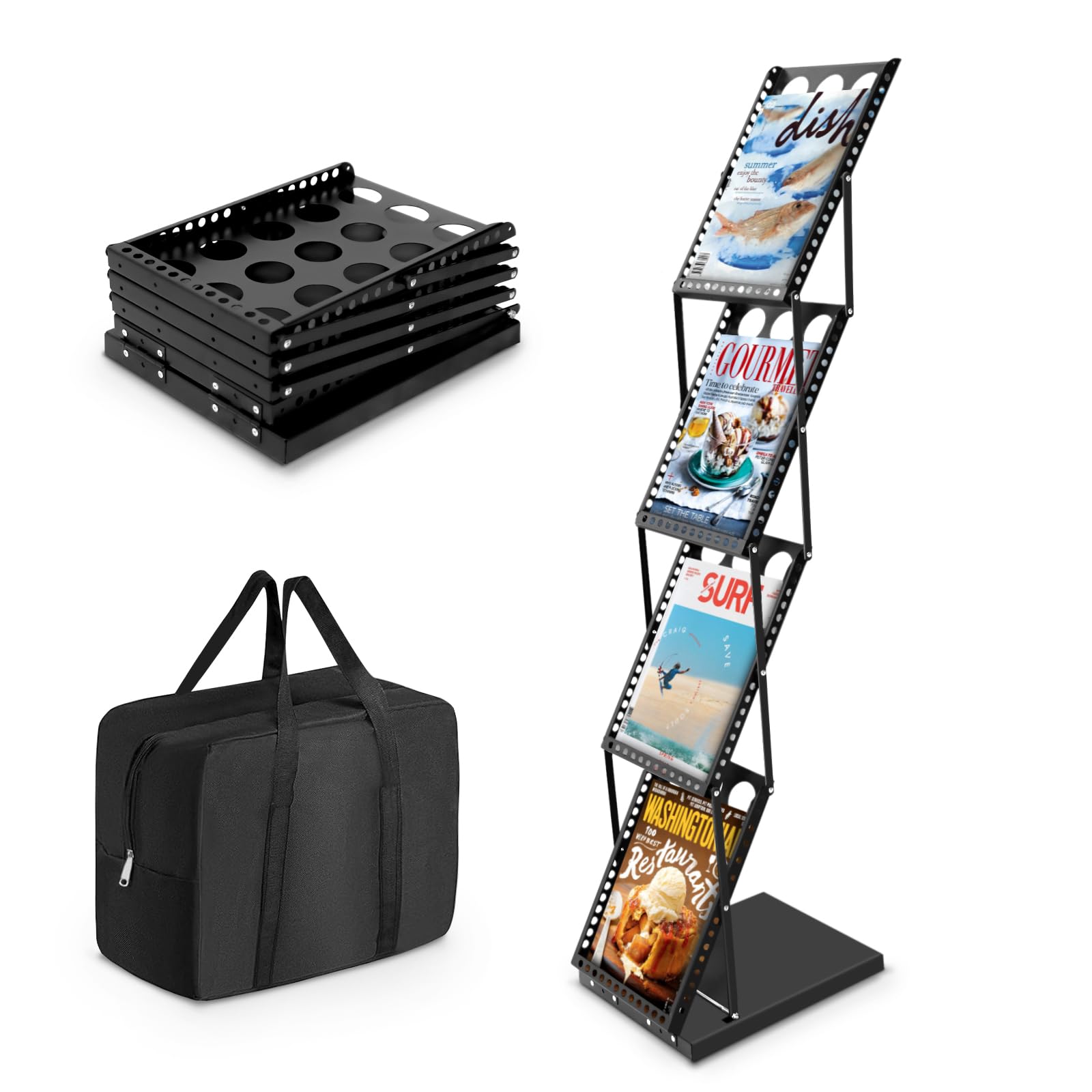 SUNDOY Faltbarer Zeitschriftenständer mit 4 Taschen – Magazinhalter & Broschüre Prospekthalter mit Tragetasche für Büro, Einzelhandel & Messe-Ausstellungen (Schwarz-27Bx36Tx130H)