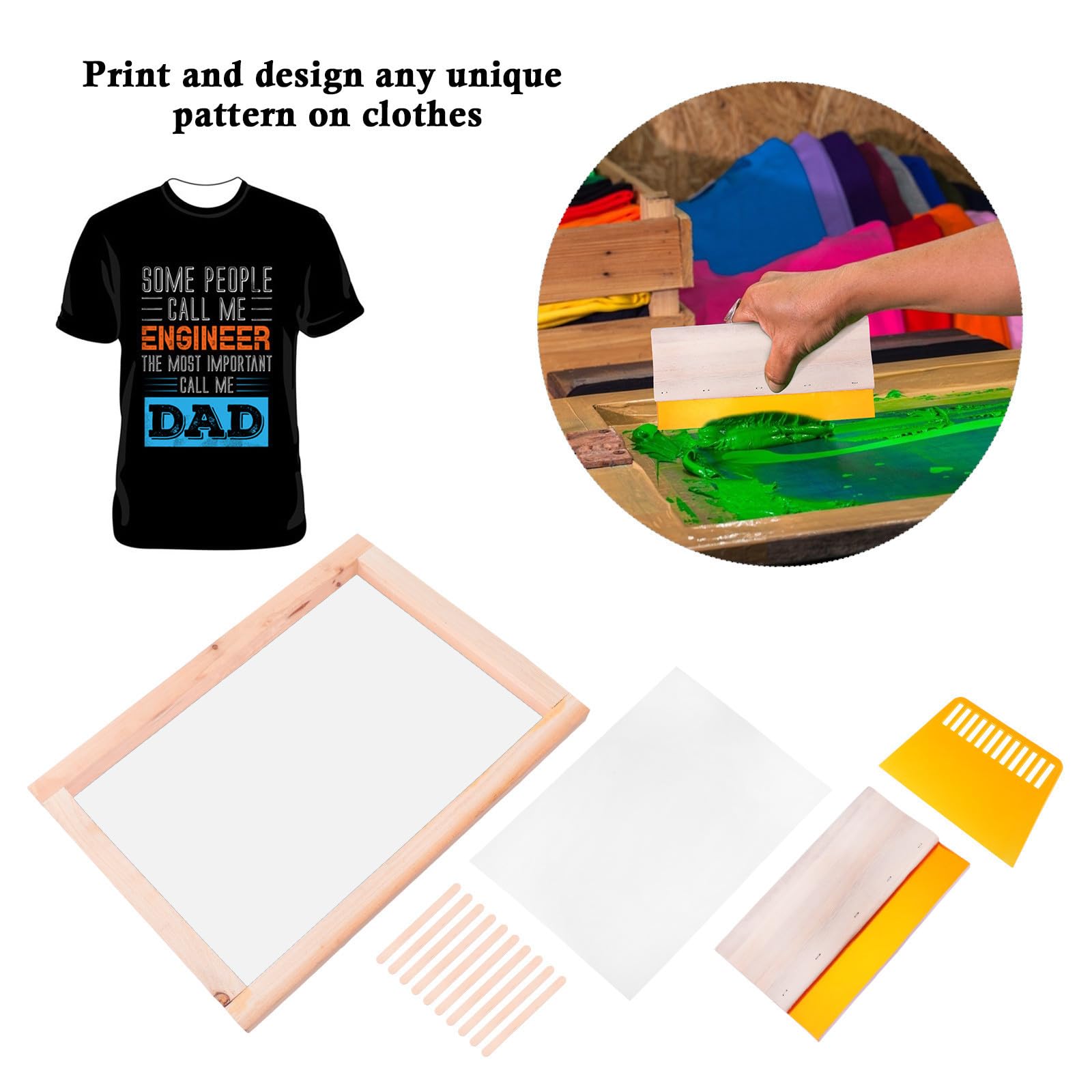 Siebdruck Satz für Siebdruckrahmen, Holzstab und Folie | Kunststoff Schaber, Abdeckband und Transparente Tintenstrahlfolie, für Schuluniformen, Stoffe und Selbstgemacht Muster