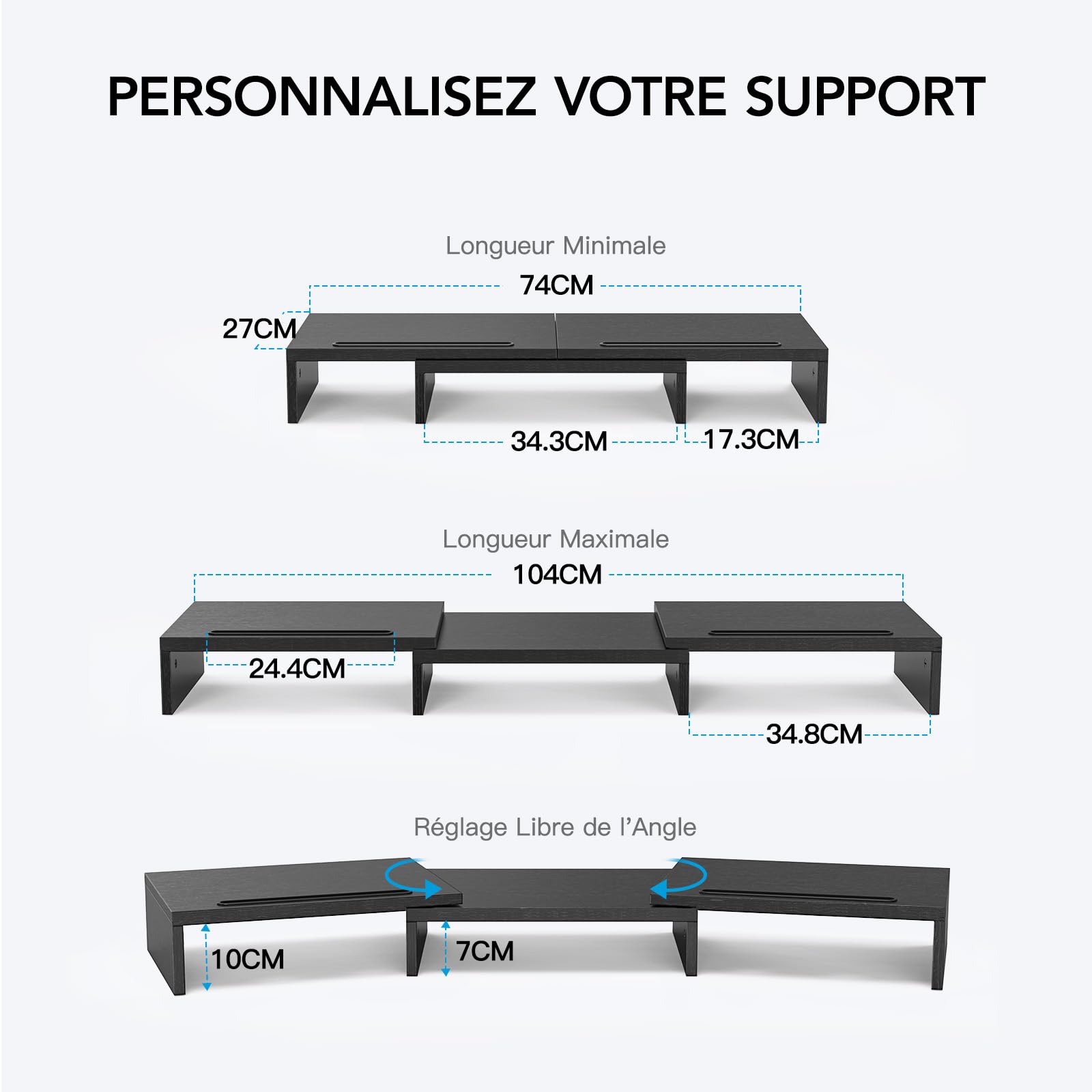 HUANUO Support Moniteur Double, Rehausseur Ecran PC Bureau avec 2 Emplacements, Rehausseur Ecran, Support Polyvalent Écran PC, Laptop, PC, Noir