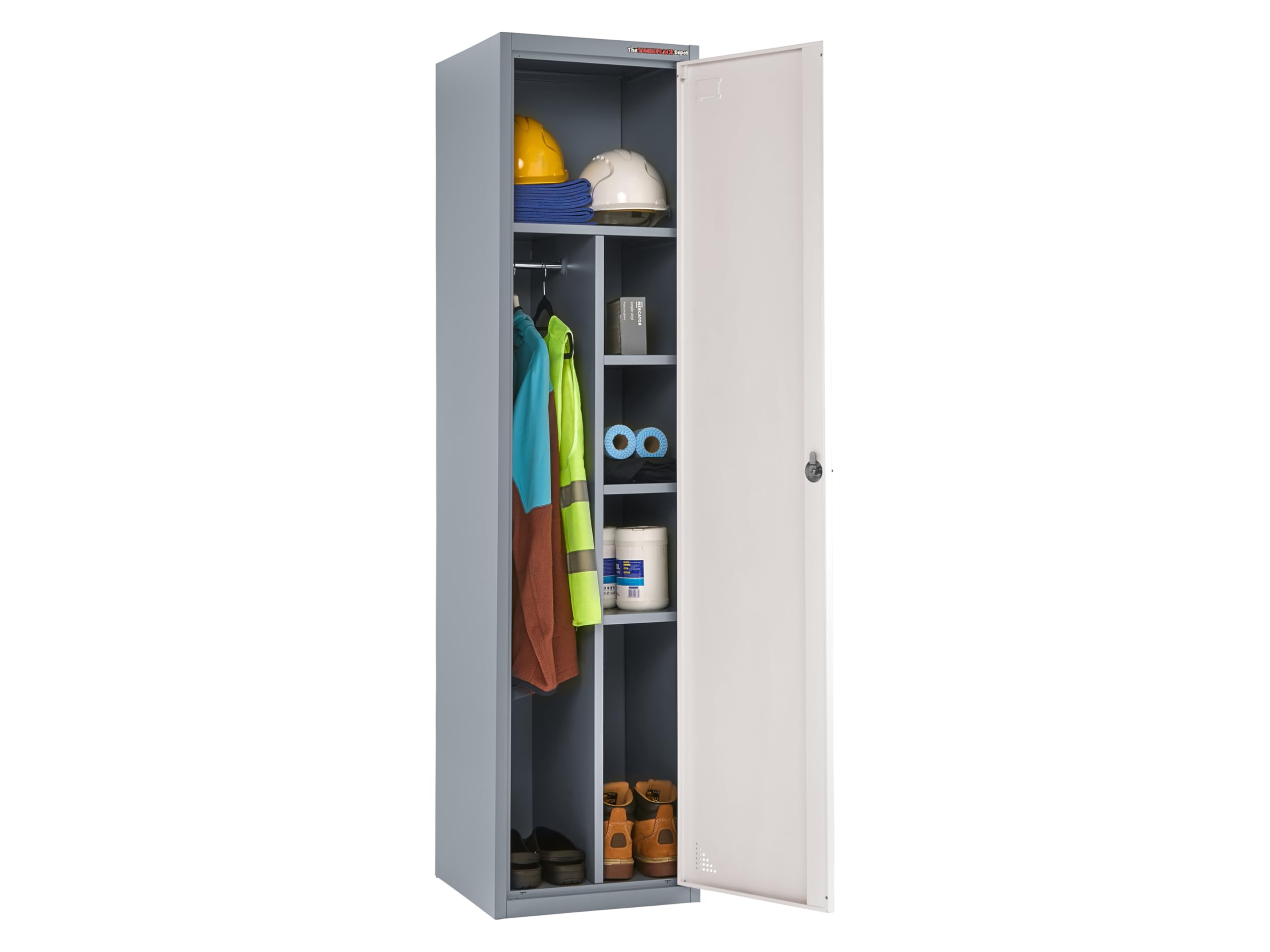 Janitor Storage Locker, Secure, Durable Clothes & Workwear Steel Locker with Hanging Rail & 6 Compartments (Grey)