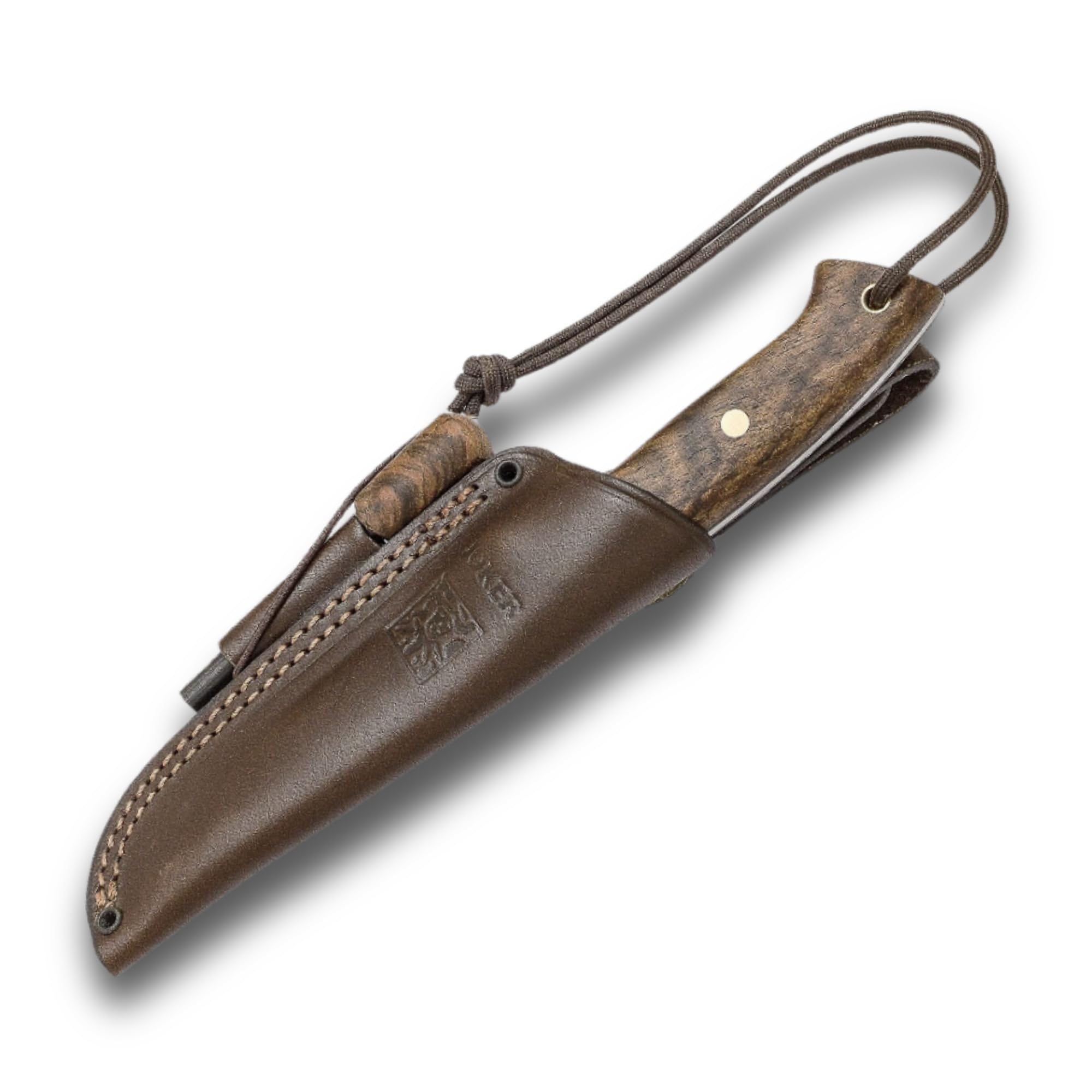 Joker Ranger CN143-P Bushcraft Knife, 4.3 in 14C28N Fixed Blade, Walnut Wood Handle, Brown Leather Sheath with Ferro Rod, Camp Craft Knife for Camping, Hiking, Hunting and Survival