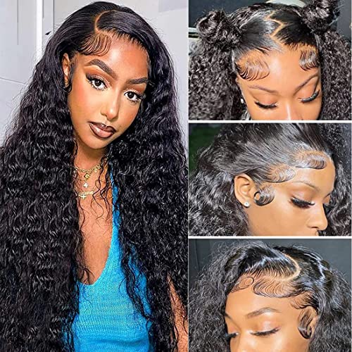 Deep Wave Lace Front Wigs Human Hair Wigs for Black Women Brazilian Glueless Wigs Human Hair Pre Plucked HD Transparent Lace Front Human Hair Wig with Baby Hair Natutal Color 10 Inch