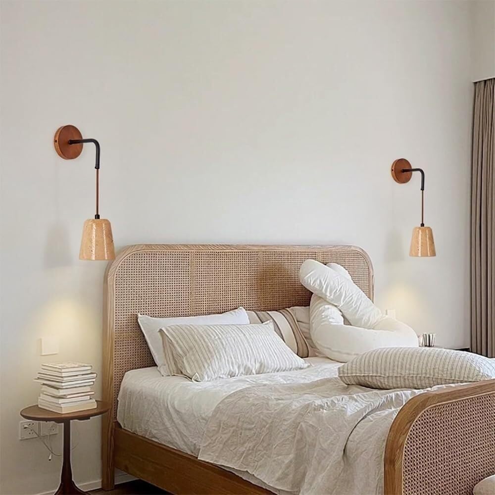 MOYEE Vintage Child's Study Room Stone Shade Farmhouse Wall Lighting Fixture Wood Wall Mounted Lamp Retro Industrial Wall Light, Bedroom Bedside Living Room Decor Wall Lamp E27
