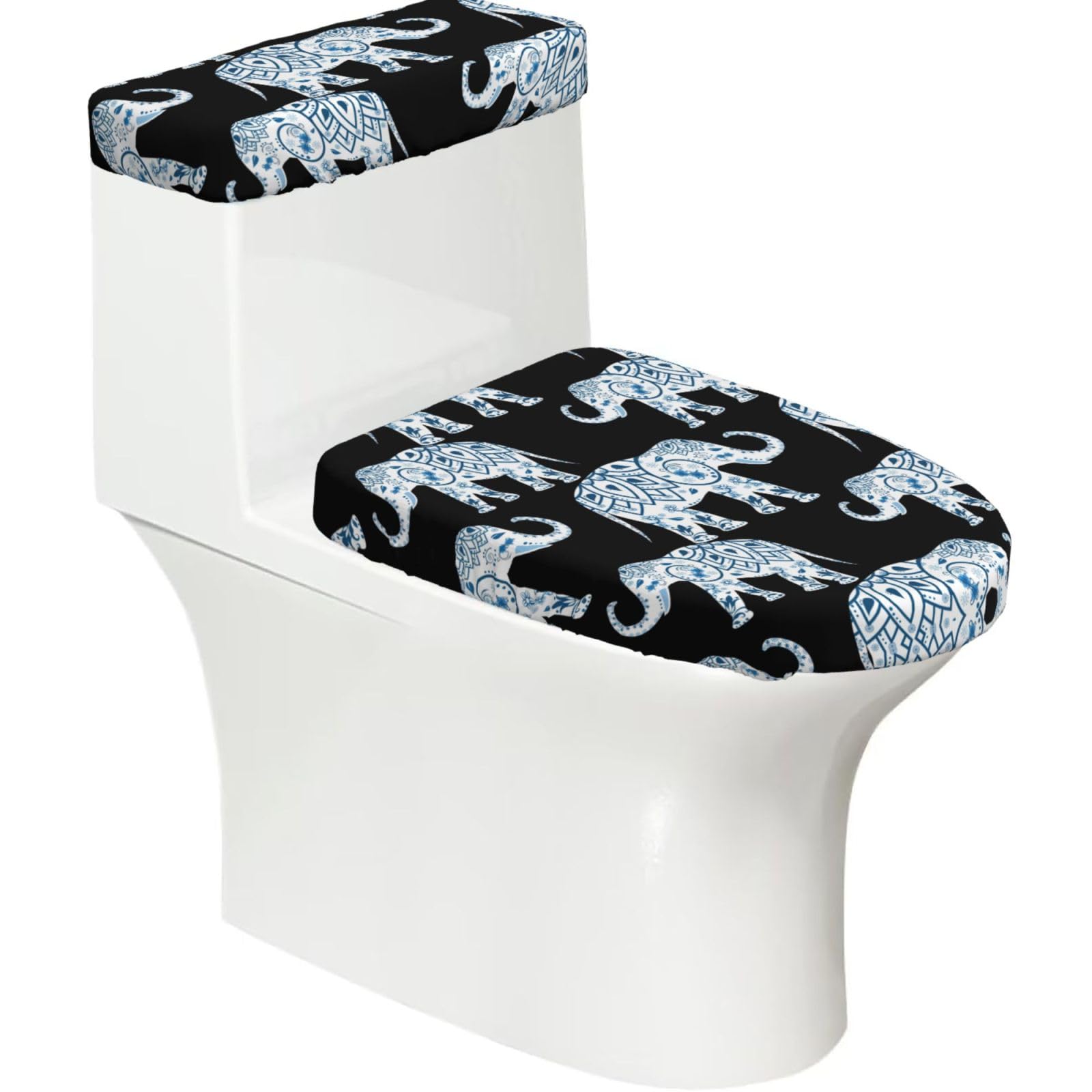 Elephant Printed Toilet Tank and Lid Cover Set of 2 for Most Bathrooms, Fits Elongated Round Toilets