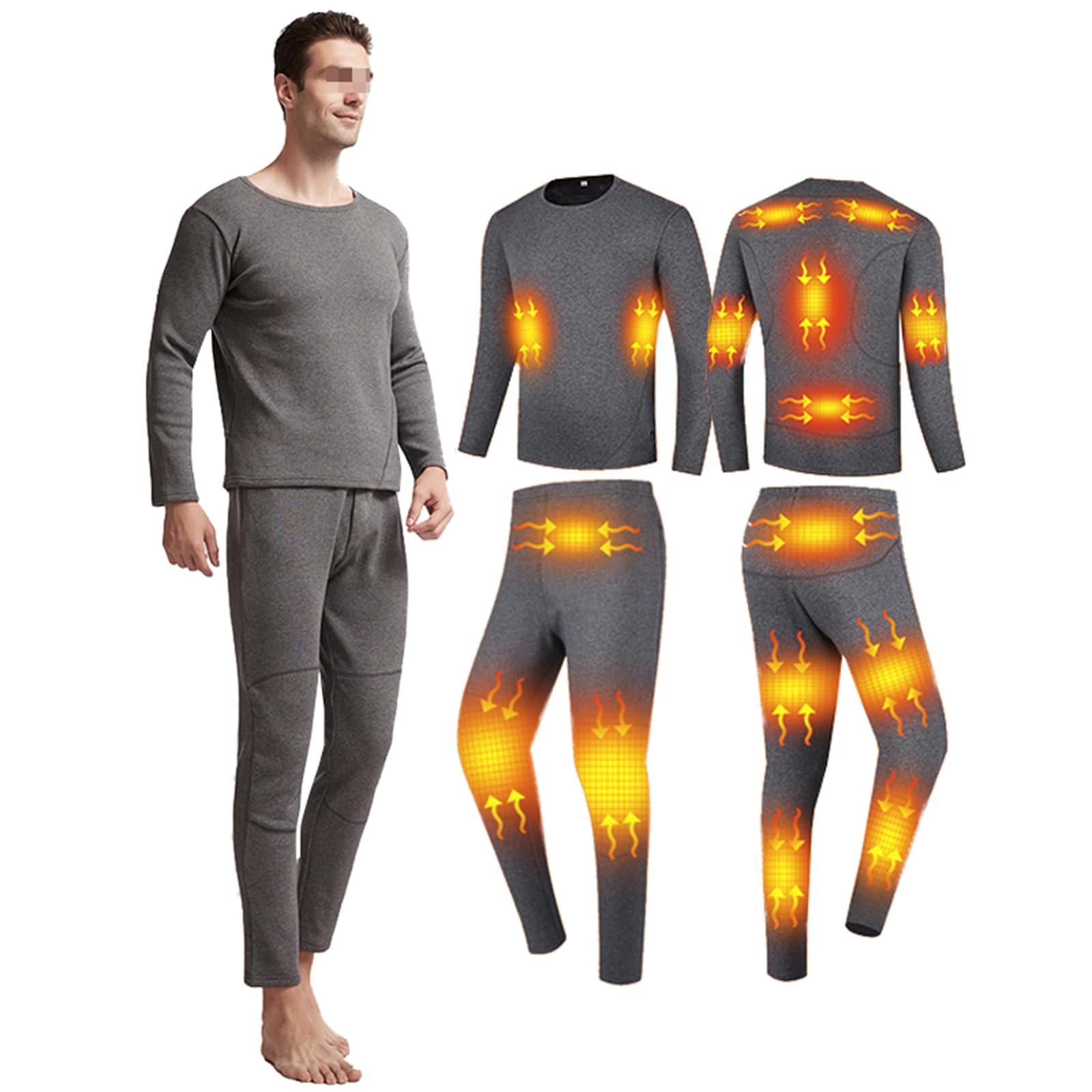 Set di Biancheria Intima Termica per Uomo Donna, Biancheria Intima Termica Riscaldante T-Shirt E Pantaloni Termica Elettrica USB -16 Aree di Riscaldamento (Batterie Non Incluse),L, Grey - Men