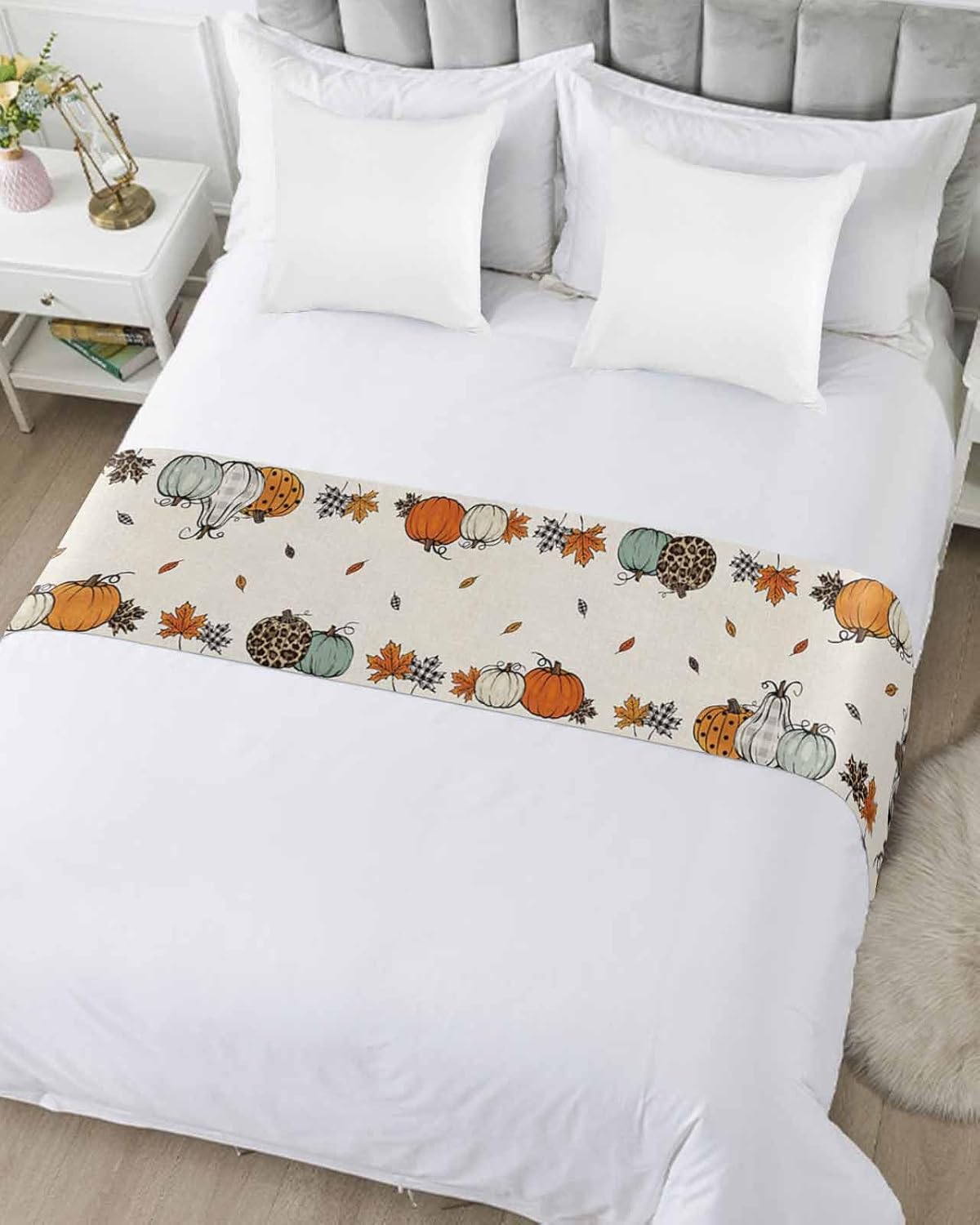 Smile Sunflower Thanksgiving Bed Runner Scarf Fall Funny Pumpkin Linen Texture Bedding Scarf Decorative Bed Runners Cover for Home Bedroom Hotel Wedding Room Bed Scarf for Foot of Bed King 102x20in