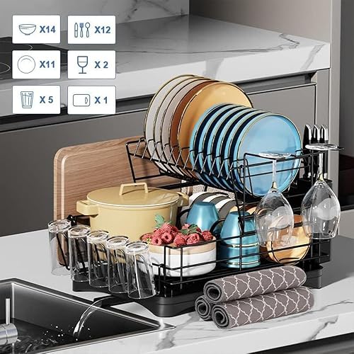 Miniatura 2 de Escurridor de platos para encimera de cocina, escurridor de platos grande de acero inoxidable con escurridor para fregadero, 2 niveles con soporte