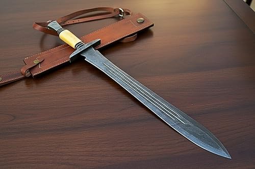 Miniatura 4 de Maximus Gladius - Espada romana, hoja de doble borde de acero de Damasco forjado a mano, mango de madera de nogal con espaciadores de latón, 29