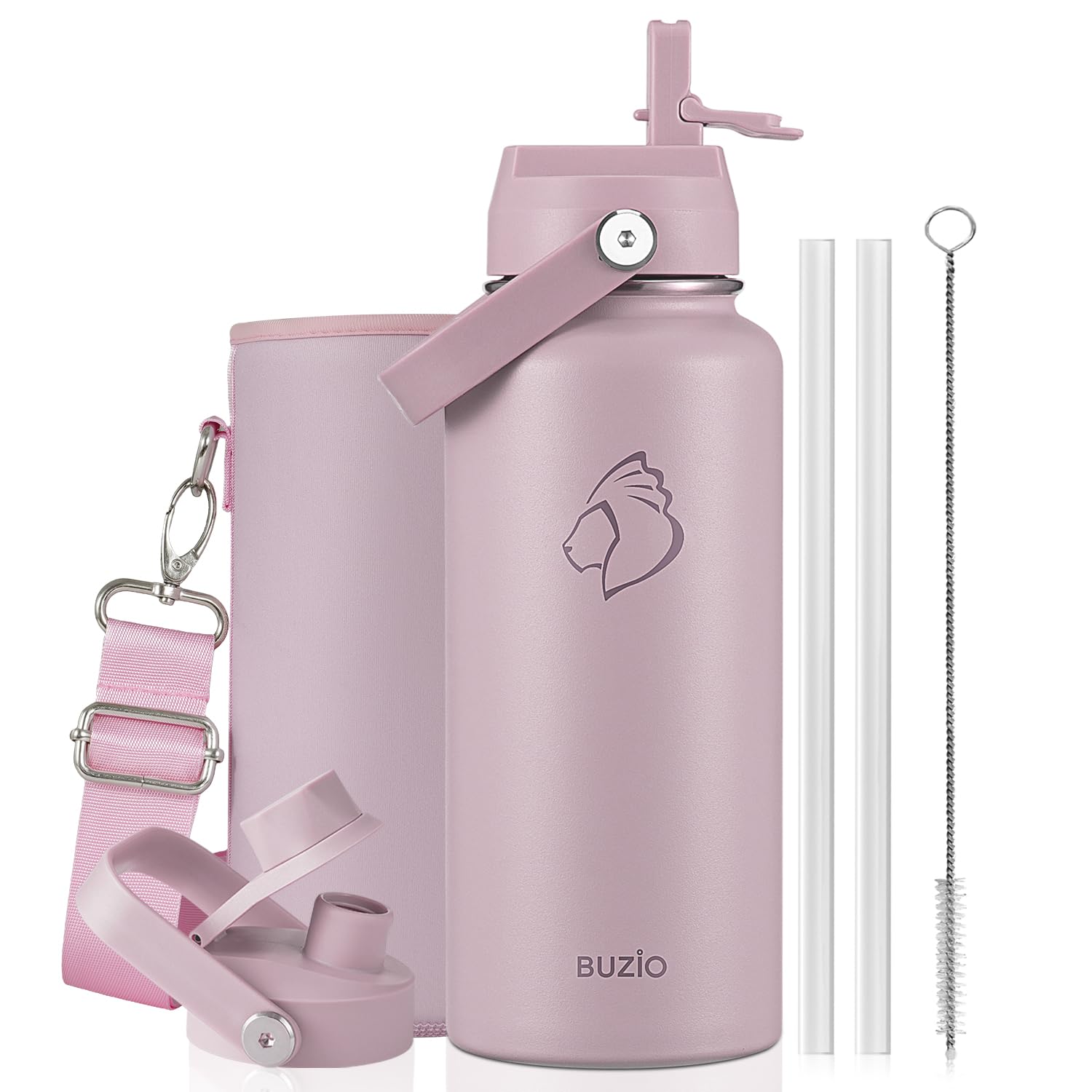 BUZIO Insulated Water Bottle 1L Stainless Steel with Straw & Spout Lid