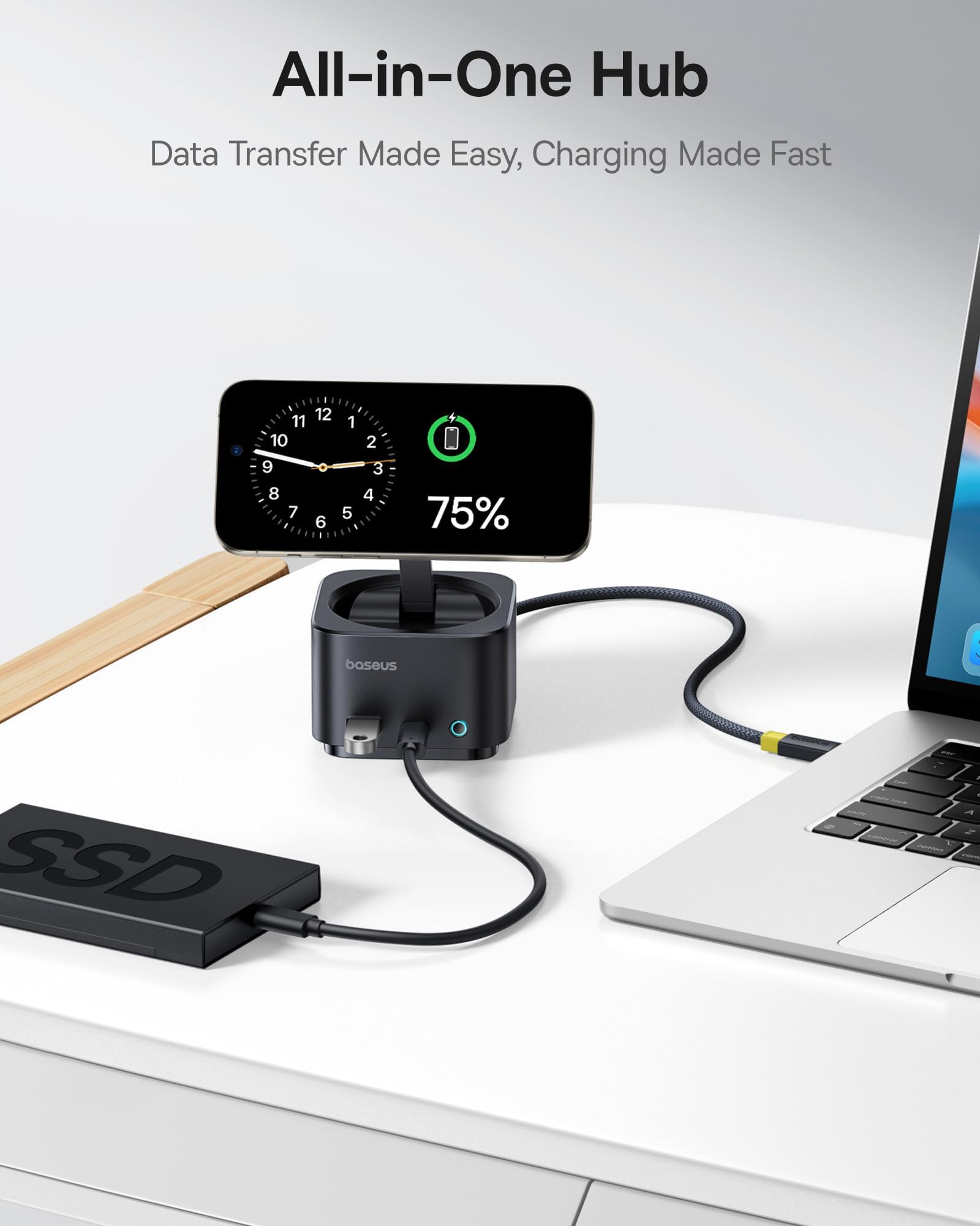 Baseus stacja ładująca i dokująca 7 w 1 Magsafe USB C, z ładowarką bezprzewodową Qi2 15 W, 4K 60 Hz HDMI, 100 W PD, 10 Gbps USB, czytnik kart SD kompatybilny z iPhone 16/15/Mac/Dell/HP/Surface