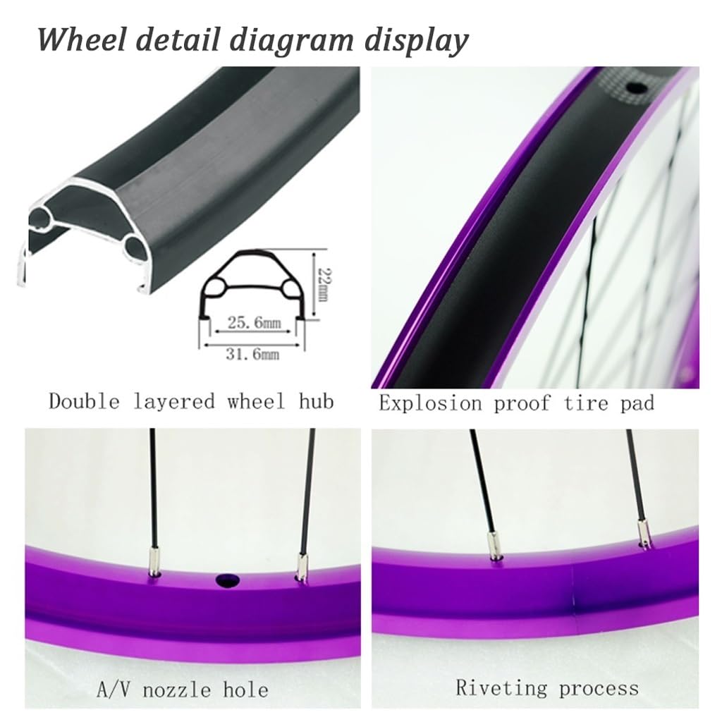 Ruote for Mountain Bike Viola da 26/27,5/29 Pollici, Freno a Disco Lega di Alluminio Perno Passante Cerchione MTB da 142mm 32 Fori 2150g for 8-12 velocità