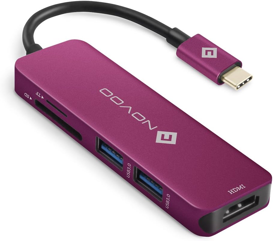 NOVOO USB C Hub 5 in 1 Aluminum with HDMI 4K Adapter, 2 USB 3.0 ports, 1 SD memory port, 1 microSD Card Reader for MacBook Pro 2017/2016, Huawei MateBook, Google Chromebook Pixel and More