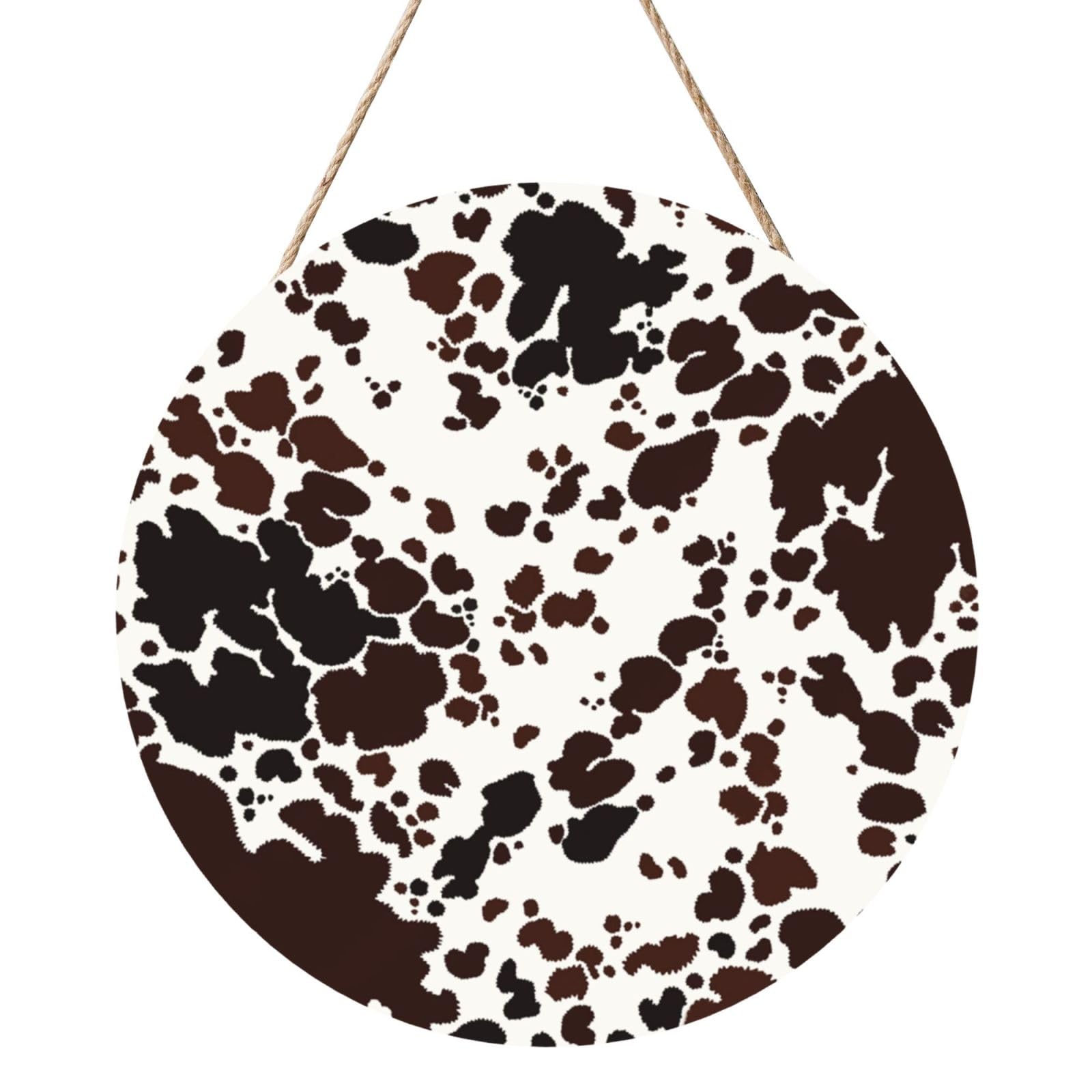 InOmak Brown Spots Cow Skin, Round Wood Panel Painting 12 in, Wall Hanging Painting For Home