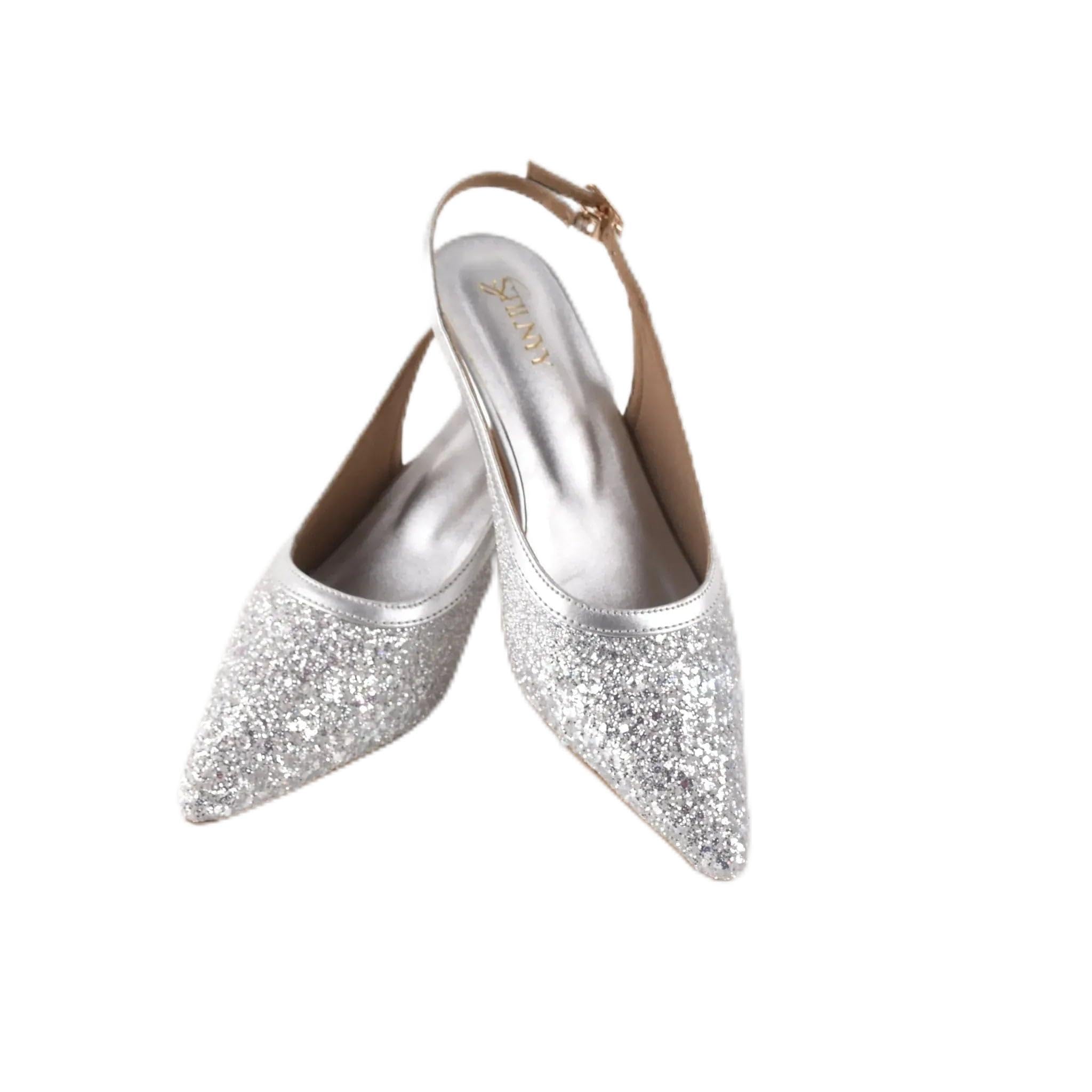 silver dust diva sling heels for women – glitter pointed toe slingback pumps with elegant kitten heel, sparkling party wedding evening footwear for special occasions