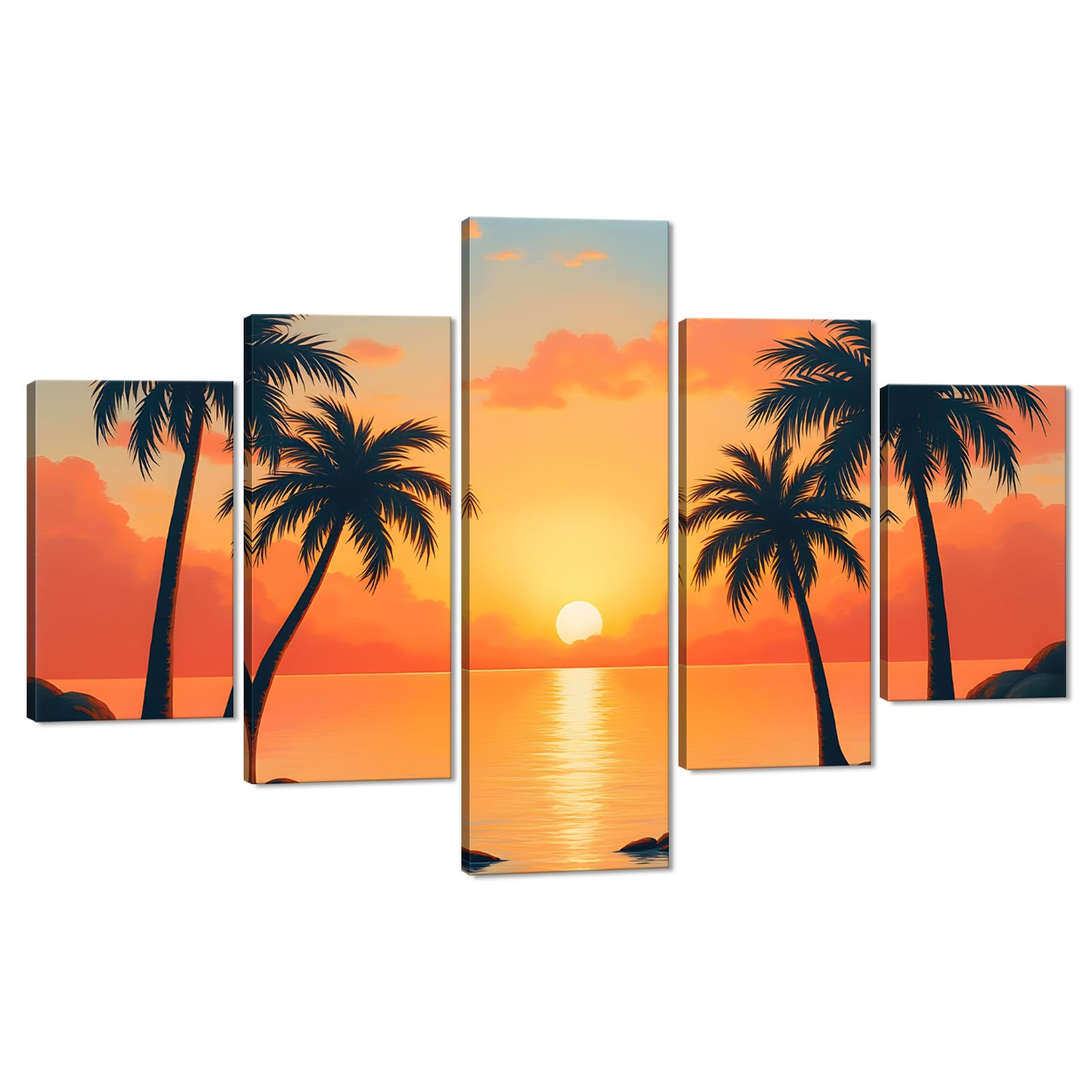 Set of 5 Large Tropical Sunset Wall Art - Coastal Picture With Palm Trees Wall Decor Seascape Prints Poster Yellow Ocean Painting Modern Canvas Artwork for Living Room Bathroom Home, Framed 60"x 40"