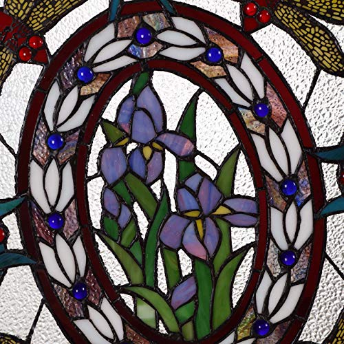 Bieye W10031 Dragonfly Iris Flower Tiffany Style Stained Glass Window Panel with Chain, Rectangular Shape, 19\" W x 25\" H