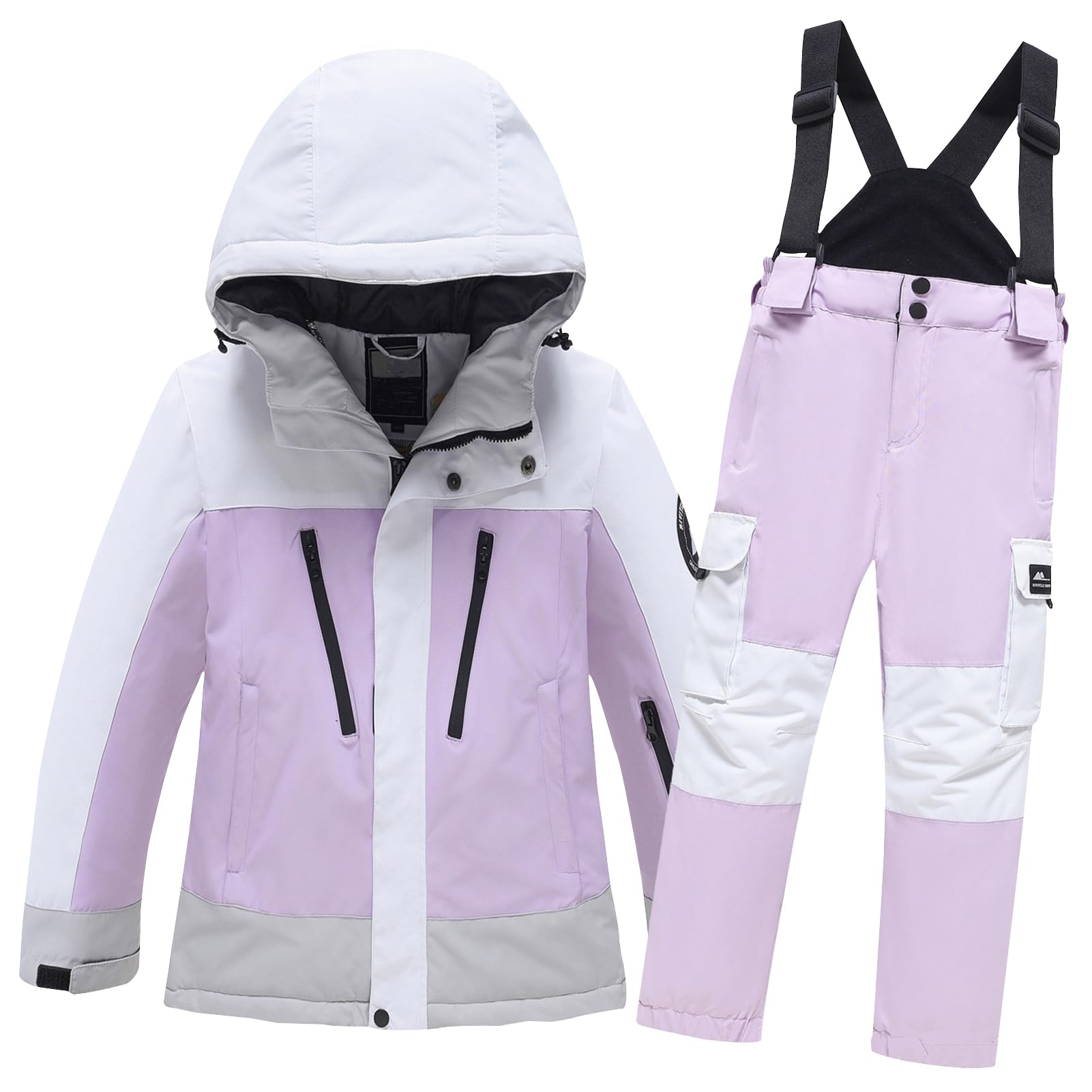 Tuta da Sci Bambini Unisex Impermeabile Set 2 Pezzi Giacca con Cappuccio + Salopette da Neve Tute de Neve Ragazzi e Ragazze Antivento