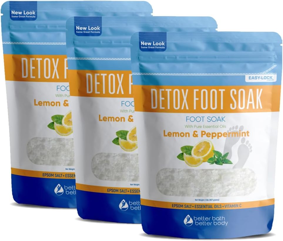 Detox Foot Soak Salts 32 Ounces with Lemon, Peppermint, Lavender Frankincense Essential Oils BPA Free Pouch with Easy Press-Lock Seal Soothe Athletes Foot, Soften Calluses, Relax Tired Feet