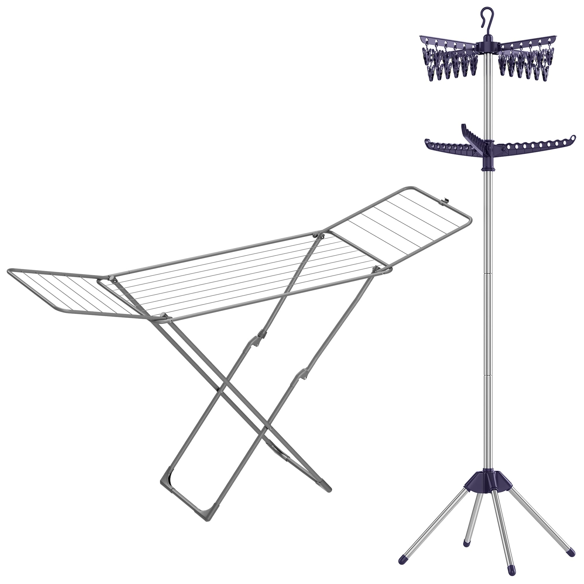 SONGMICS 2-Tier Clothes Drying Rack and Foldable Laundry Drying Rack Bundle, 72-Inch Folding Laundry Drying Rack with 3 Arms, Free-Standing Airer, Blue, Silver and Gray ULLR512Q01 and ULLR54