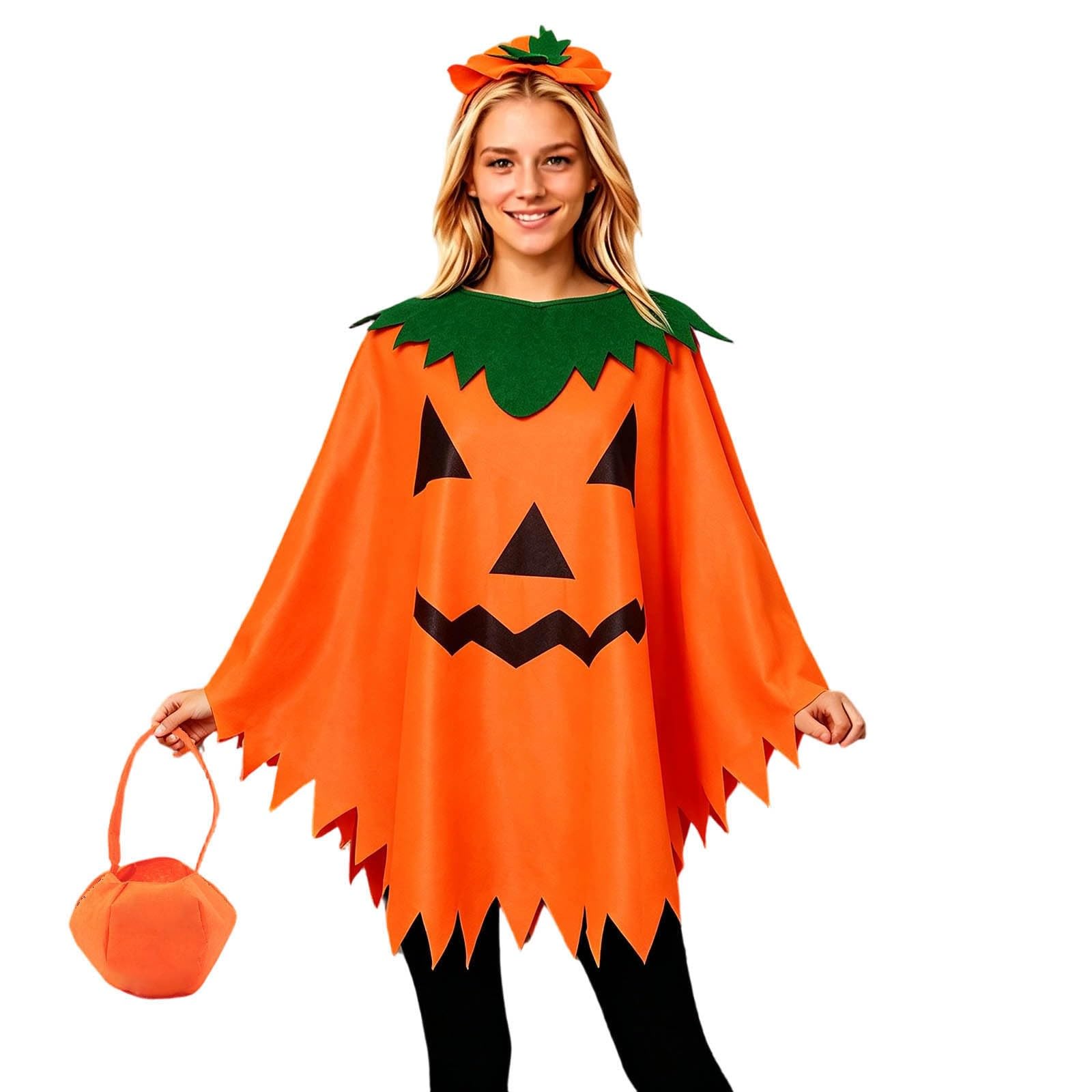 Halloween Costumes for Women Adult, 3 Pcs Pumpkin Costume Womens, Pumpkin Cape Poncho, Headband and Candy Bag, Ladies Fancy Dress Up Outfit Set, Scary Outfits, Cosplay Accessaries