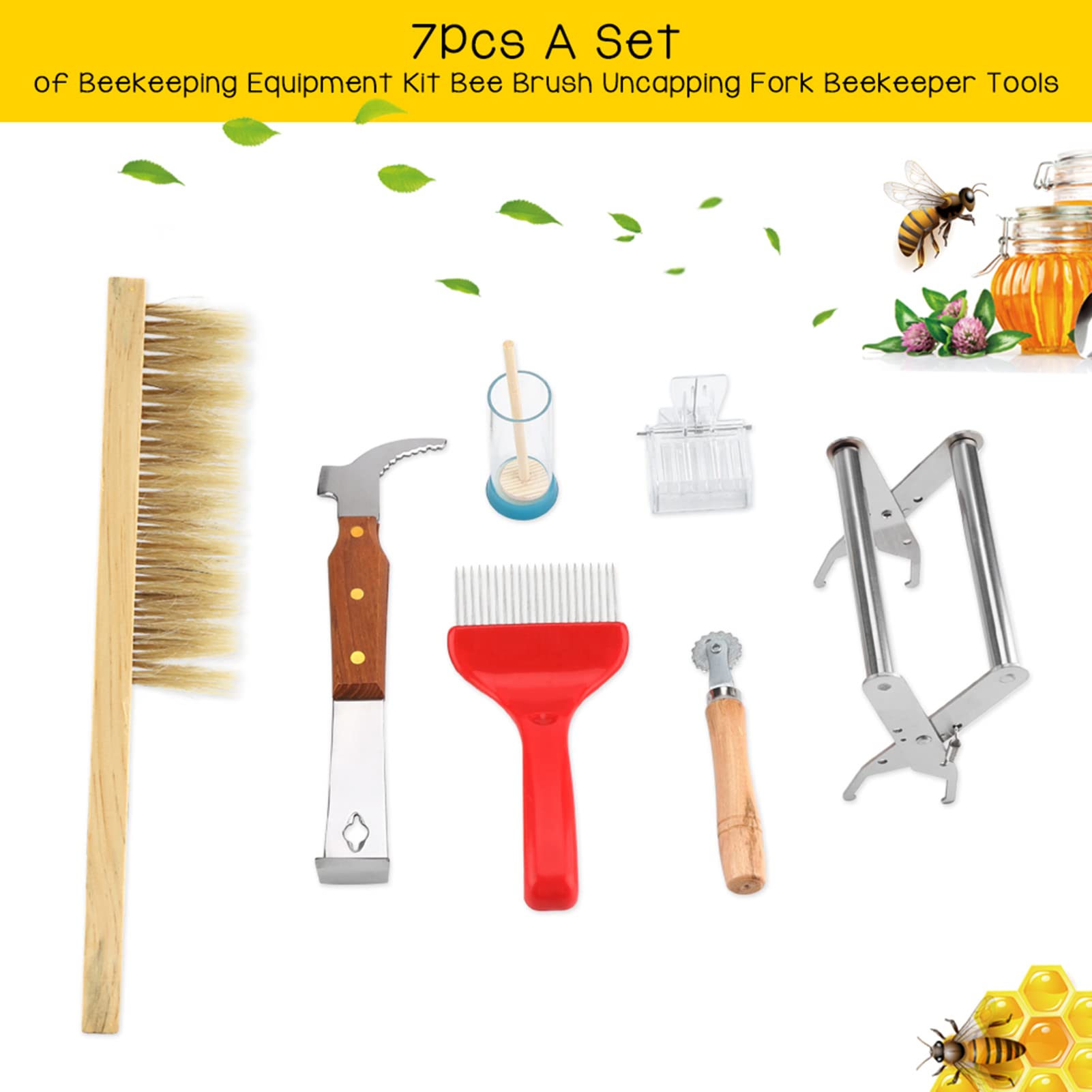 Hyuduo 7Pcs Set di Apicoltore Kit di Attrezzature per L'apicoltura Pennello per Api Forchetta per Disopercolare Strumenti per Apicoltore