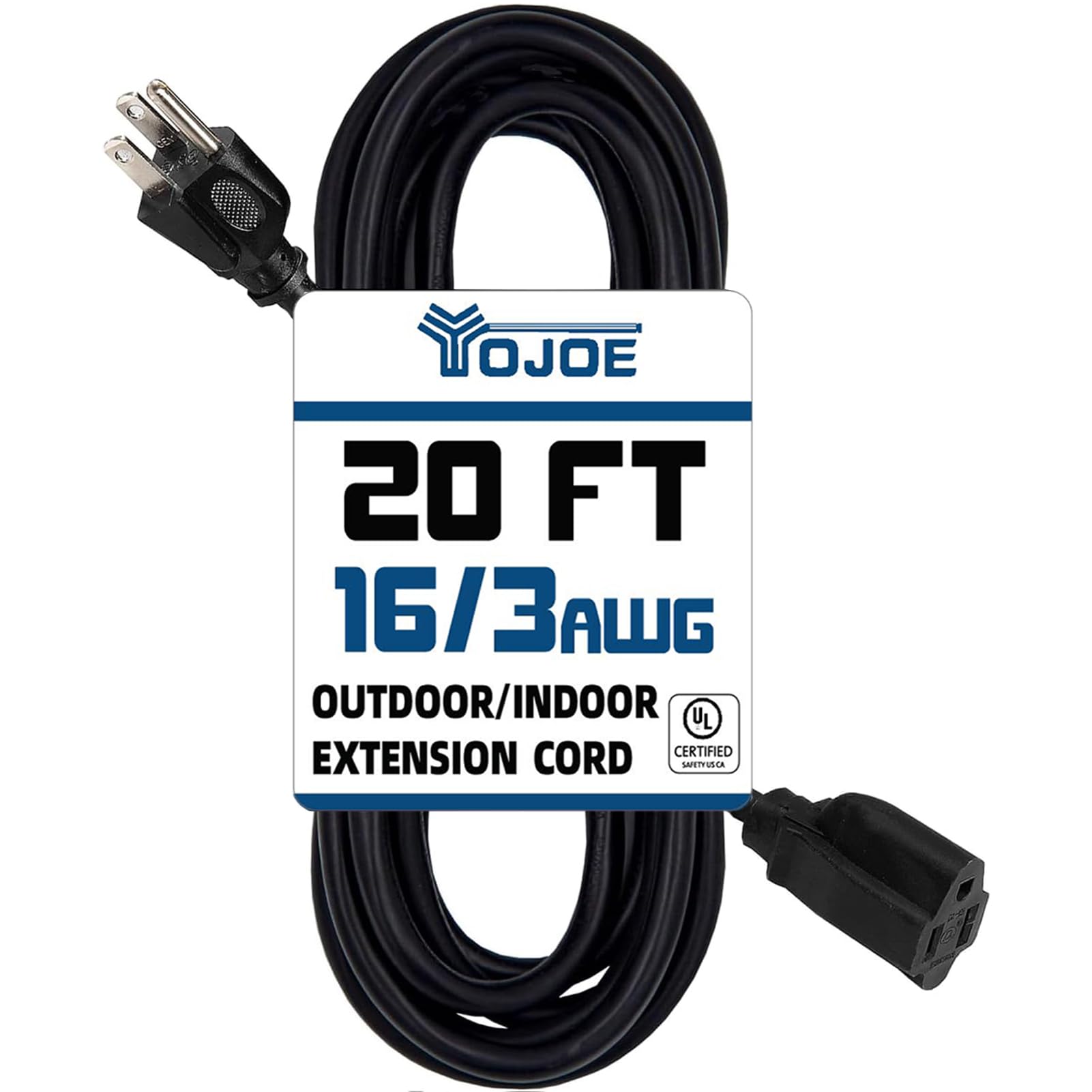 YOJOE Indoor Outdoor Extension Cord, 3 Prong 13A Weatherproof Power Cord, 16 Gauge Heavy Duty 20 ft Black Extension Cord for Garage, Garden and Home,
