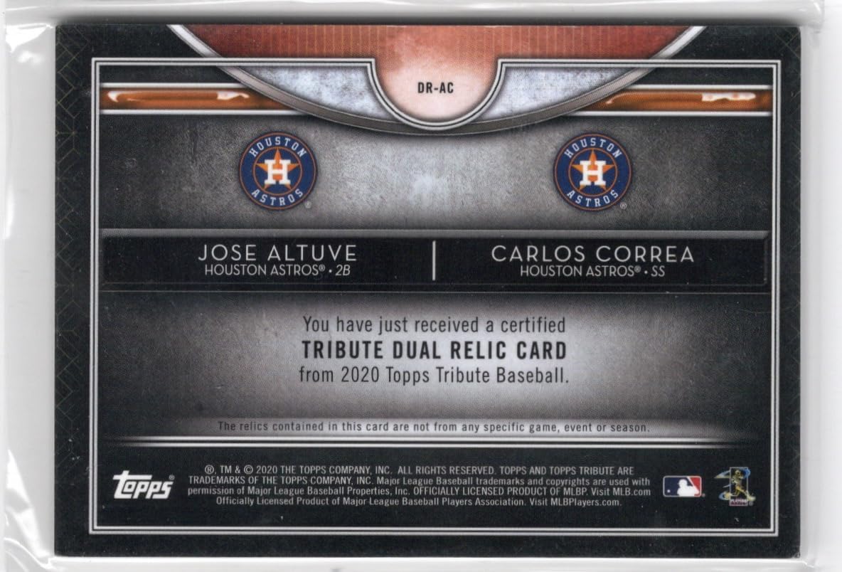 Jose Altuve & Carlos Correa Serial Numbered #82/150 Dual Relic Topps Tribute Triple Relics Game Used Memorabilia Relic Jersey Parallel Collectible Baseball Card - 2020 Topps Tribute Collection Baseball Card #DR-AC (Astros)