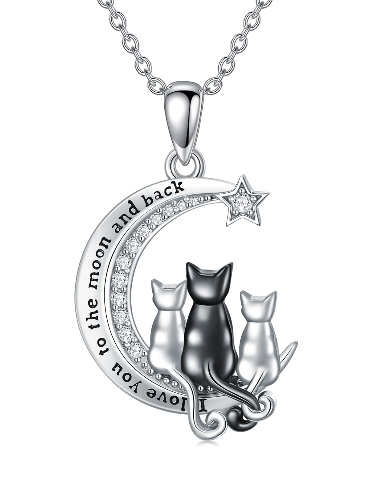 YYB Cat Necklace for Women 1/2/3 Cats 925 Sterling Silver Engraved Cat on the Moon Pendant Birthday Anniversary Holiday Gift for Cat Lovers