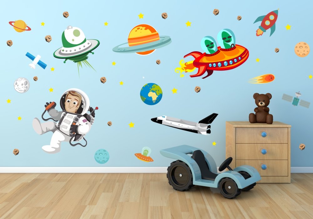 Nikima 005 - Adesivo da parete per cameretta dei bambini, motivo: mondo di alieni, luna, razzo spaziale, astronauta, disponibile in 6 misure (1500 x 840 mm)