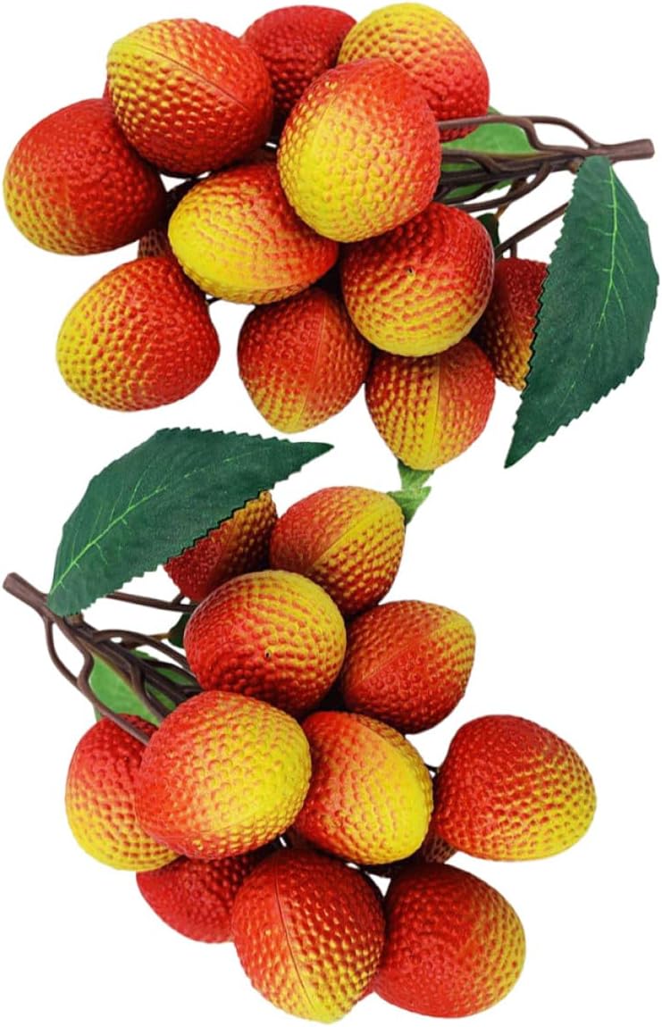Realistic Artificial Lychee Fruit Decor with Leaves, Plastic Faux Fruit Ornament for Home Kitchen Display and Photography, 31 Pieces (2 Bunches) Educational Prop for Early