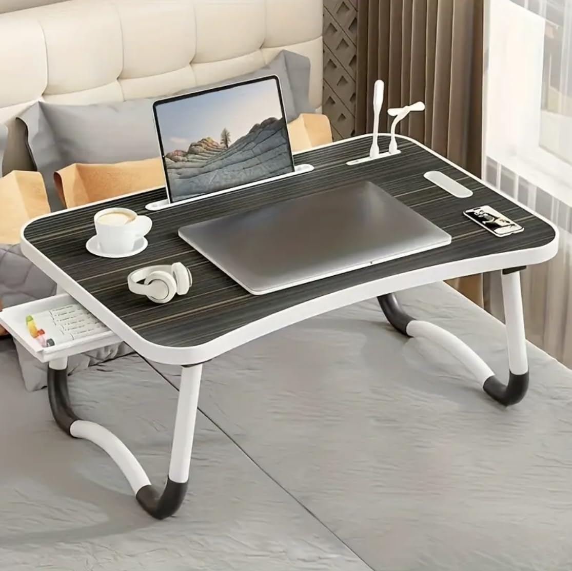 Two 23.6-inch Folding Laptop desks with 4 USB Ports, a Fan, an LED Light, a Cup Holder, and a Side Drawer for Working, Reading, Writing, and Eating in Bed, on The Sofa, or on The Floor (Black)