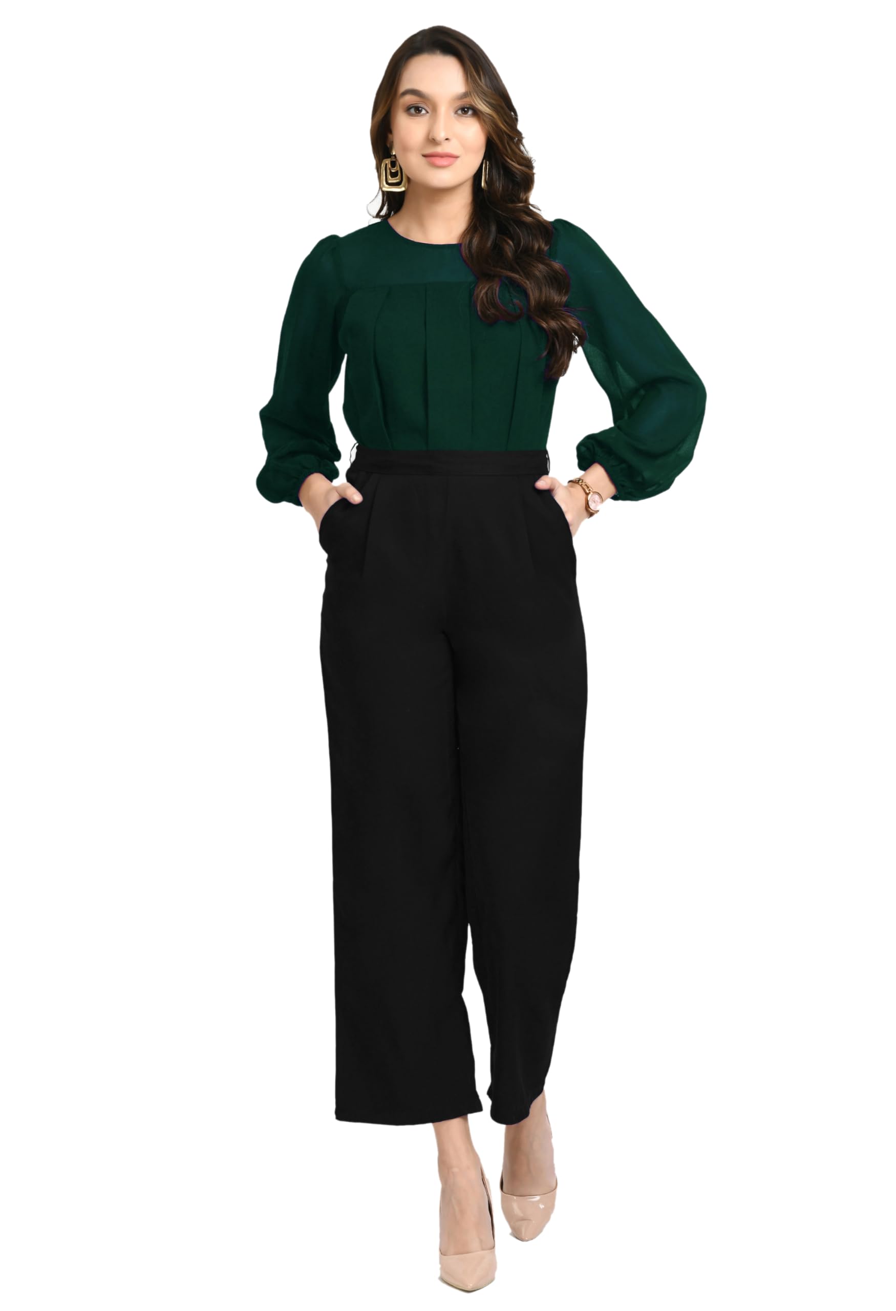 v&m Women's Elegant Black Solid Long Sleeve Jumpsuit | Stylish Wide-Leg One-Piece Outfit with Pockets | Party & Office Wear-picture-40