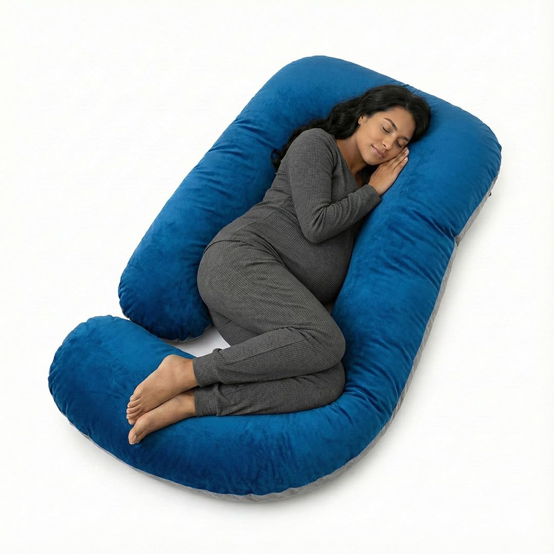 Amazon Basics Velvet Full Body Pregnancy Pillow for Maternity,Baby Nursing,Full Body Support|Perfect Baby Shower Gift|J-Shaped-Washable Cover with Zip-Blue & Grey