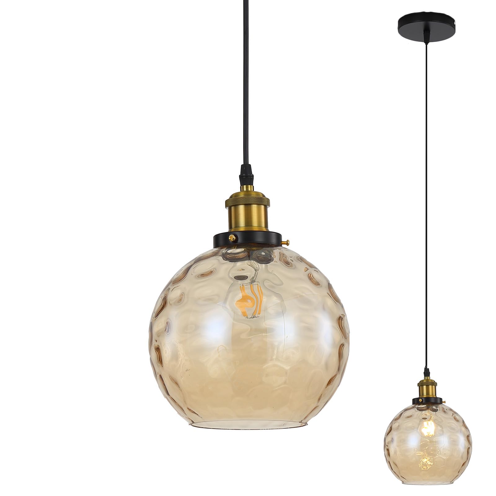 Lfsem Amber Vintage Spherical Glass Pendant Light, Stained Globe Glass Shade, E27 Bronze Base, Industrial Ceiling Pendant Lamp For Bedroom, Dining Room & Kitchen (, 15Cm)