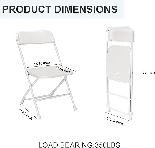 Miniatura 3 de Paquete de 10 sillas plegables, sillas apilables de plástico blanco resistente para eventos en interiores y exteriores, capacidad de 350 libras,
