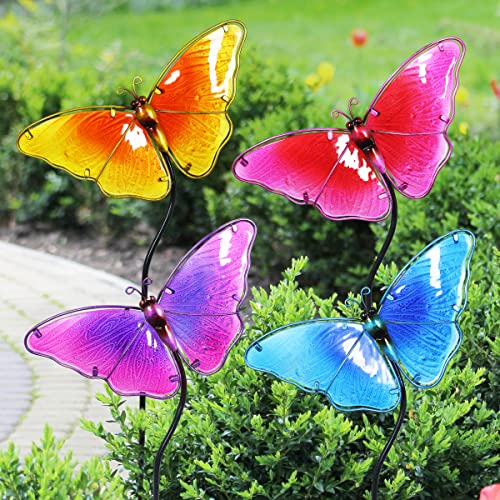 Exhart 4 Butterfly Garden Stakes, Durable Glass/Metal, Outdoor Décor, 1 Each Color, 4Pc, 8"X26" #TOP1