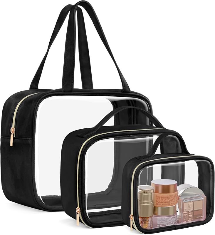 Bolsa de maquillaje transparente de viaje - Neceser aprobado por la TSA, paquete de 3 negro | 1 equipaje de mano mediano de un cuarto y 1 equipaje facturado grande/XL, asa de fácil transporte, resistente al agua, fácil control transparente para aeropuerto, mujeres