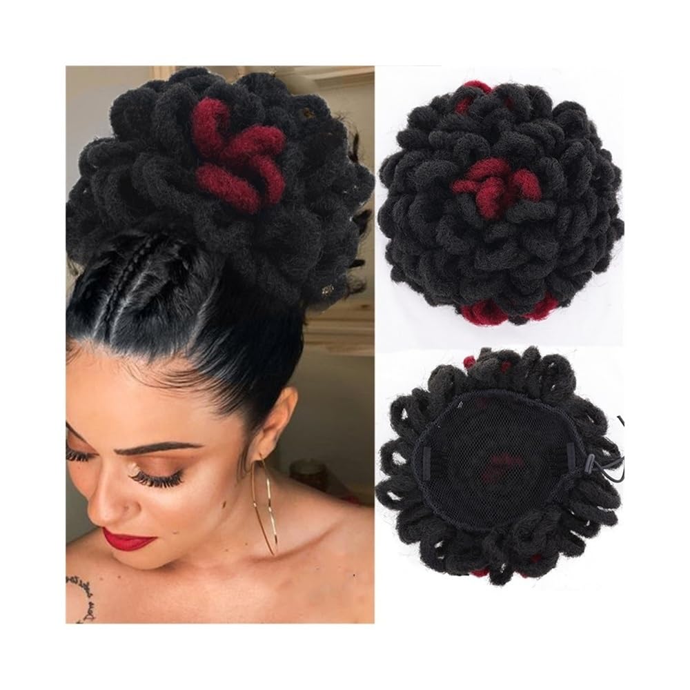 Parrucchiere Chignon con dreadlock sintetico, afro, con chignon e locs finti, con clip e coulisse. Uso quotidiano(1B-BUG)