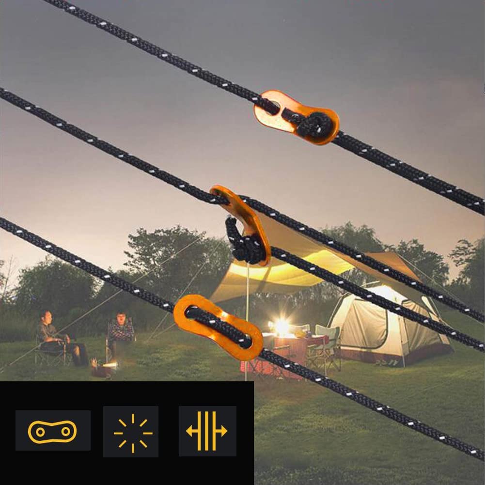 6 Pezzi Corda Tenda Riflettente Corda Tenda Campeggio 4m x 5mm Corda Tiranti Tende Corda Tenda Nera con Tenditore Regolabile per Tenda da Campeggio all'aperto