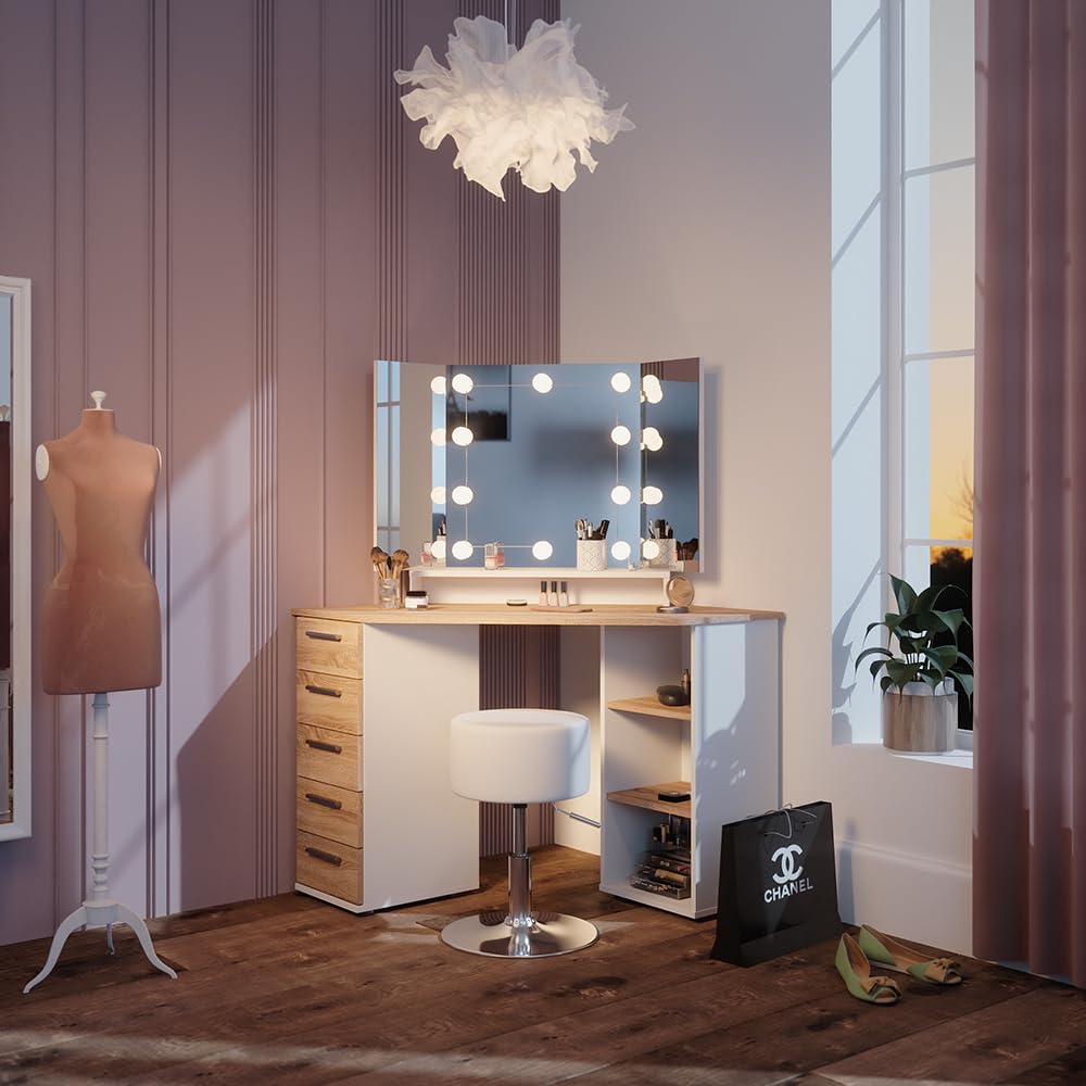 Toeletta Angolo Sofia Con LED - Tavolo Trucco Bianco 128 Cm Con Sgabello - Foto 10