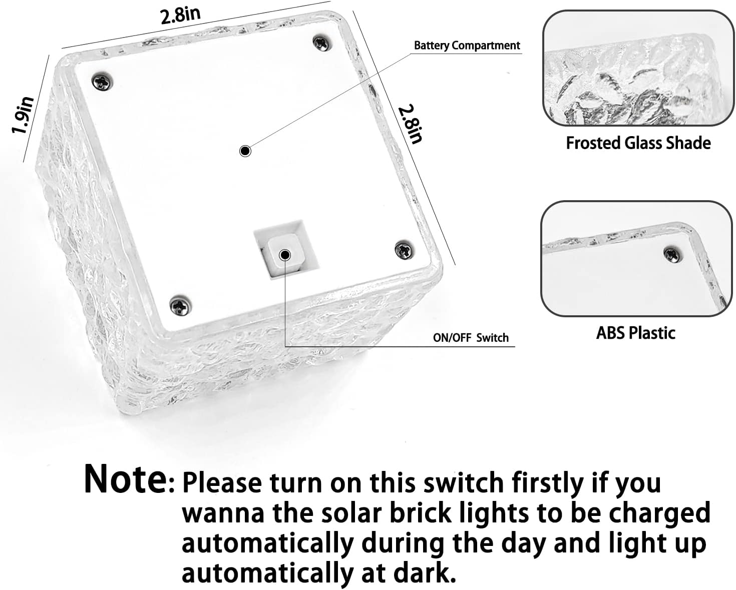 Underside of a solar brick light showing the ON/OFF switch and battery compartment.