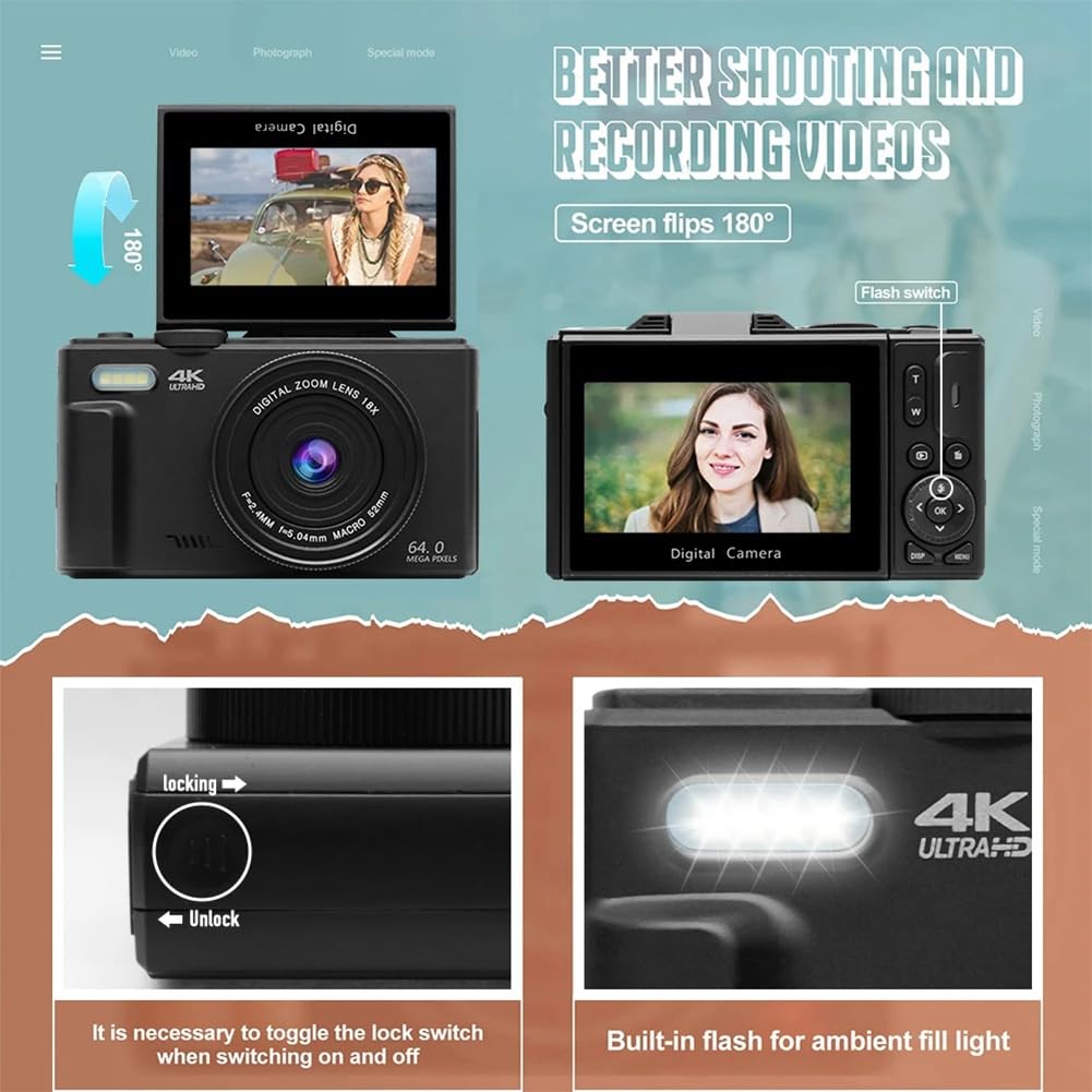 Digitale Fotokamera 4K 18X Digitalzoom 180° Flip Screen Vlog Cam