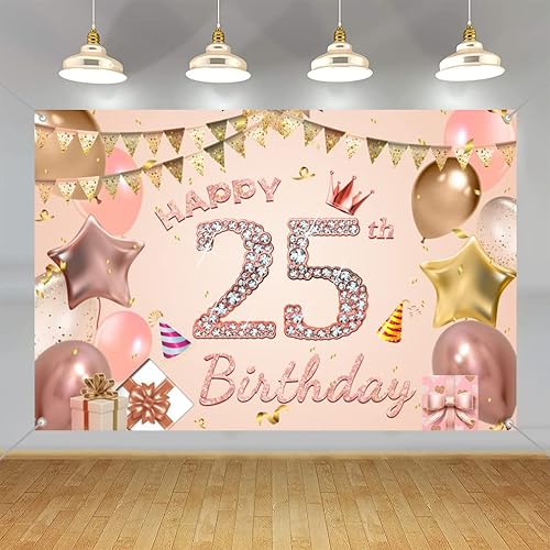 Cartel de tela con texto en inglés "Happy 25th Birthday" para mujer jovencitamujer de 25 años, cartel de tela para fiesta de cumpleaños de 25 años,