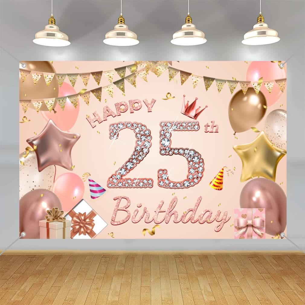 Bannière Happy 25th Birthday en tissu rose de 150x90 cm pour décoration d'anniversaire